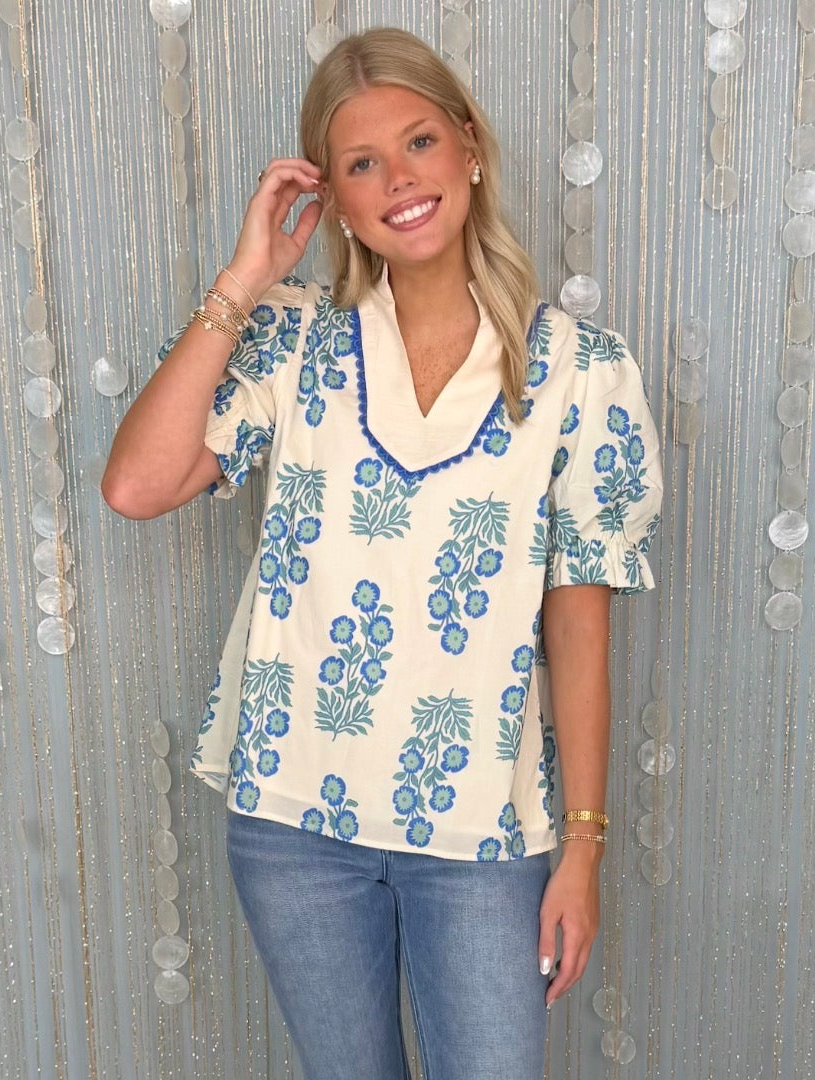 Sweetest Story Blue Floral Deep V Neck Top-Shop-Womens-Boutique-Clothing