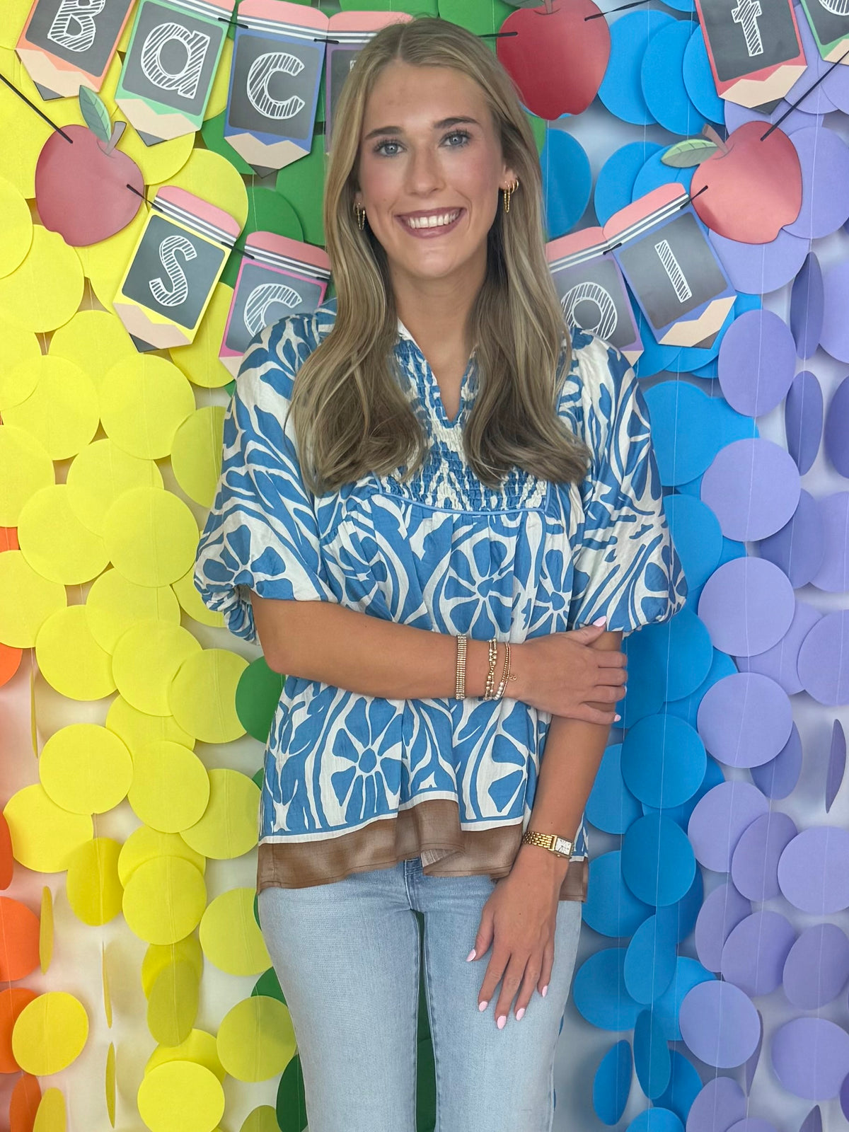 Blooming Romance Blue Boho Floral Smocked Top-Shop-Womens-Boutique-Clothing