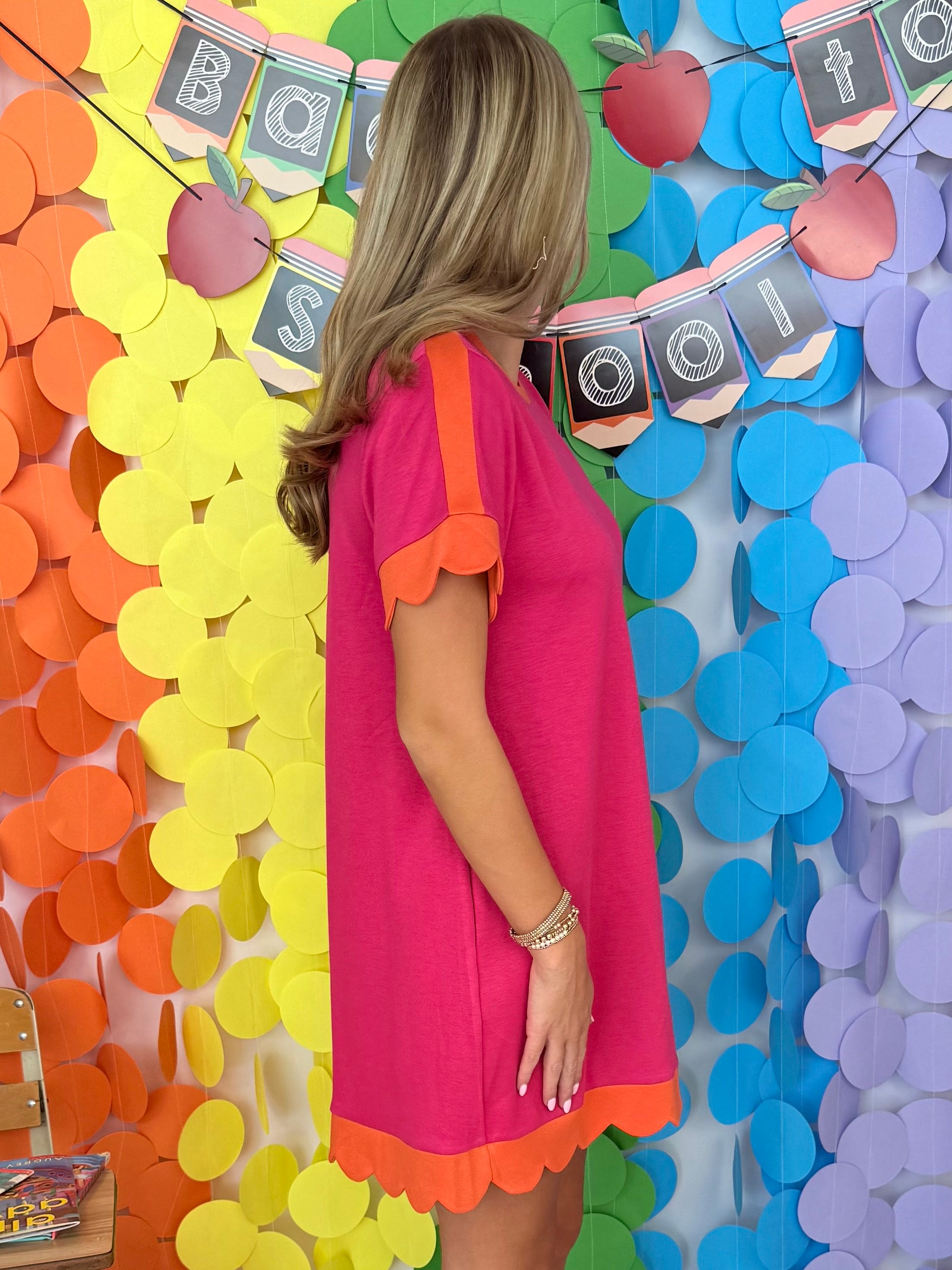 Rise and Shine Fuchsia/Orange Scalloped Contrast Dress-Shop-Womens-Boutique-Clothing