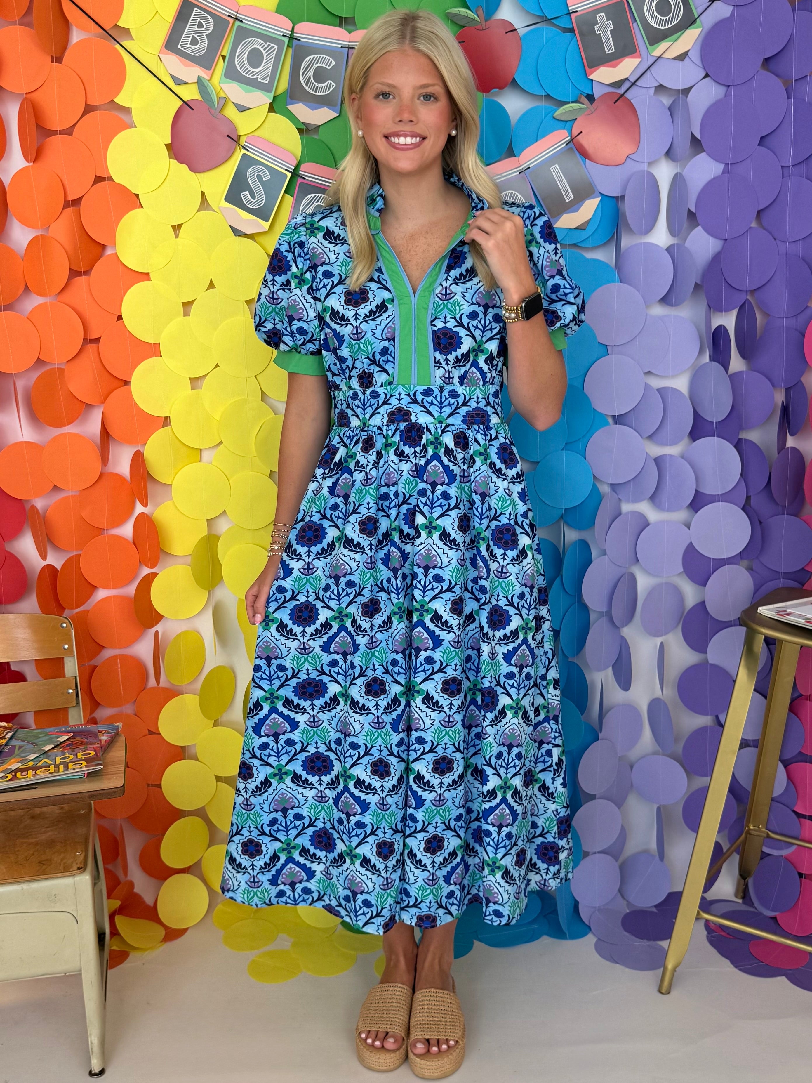 Simply Happy Blue Floral V-Neck Midi Dress-Shop-Womens-Boutique-Clothing