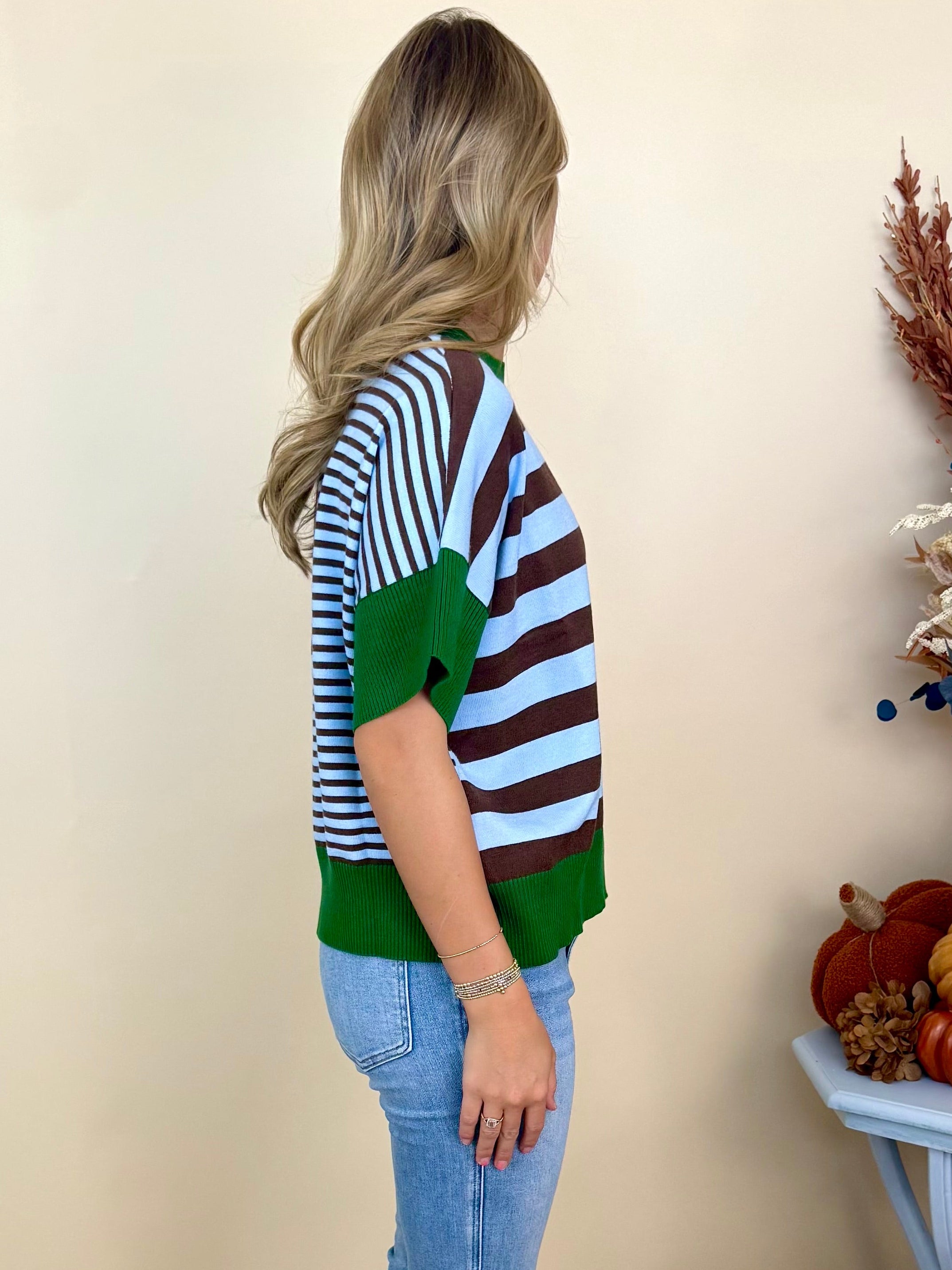 Feeling Social Olive Green/Brown Striped Drop Shoulder Sweater-Shop-Womens-Boutique-Clothing