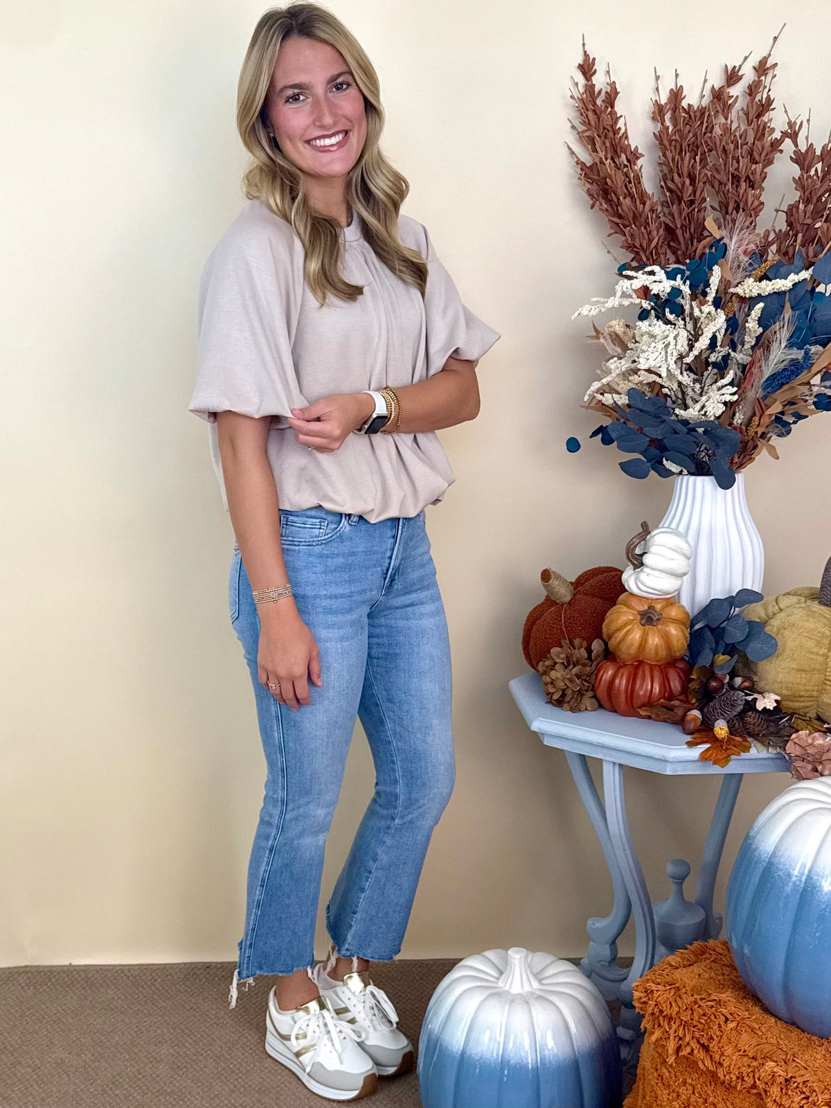 Bonfire Nights Almond Short Sleeve Bubble Top-Shop-Womens-Boutique-Clothing