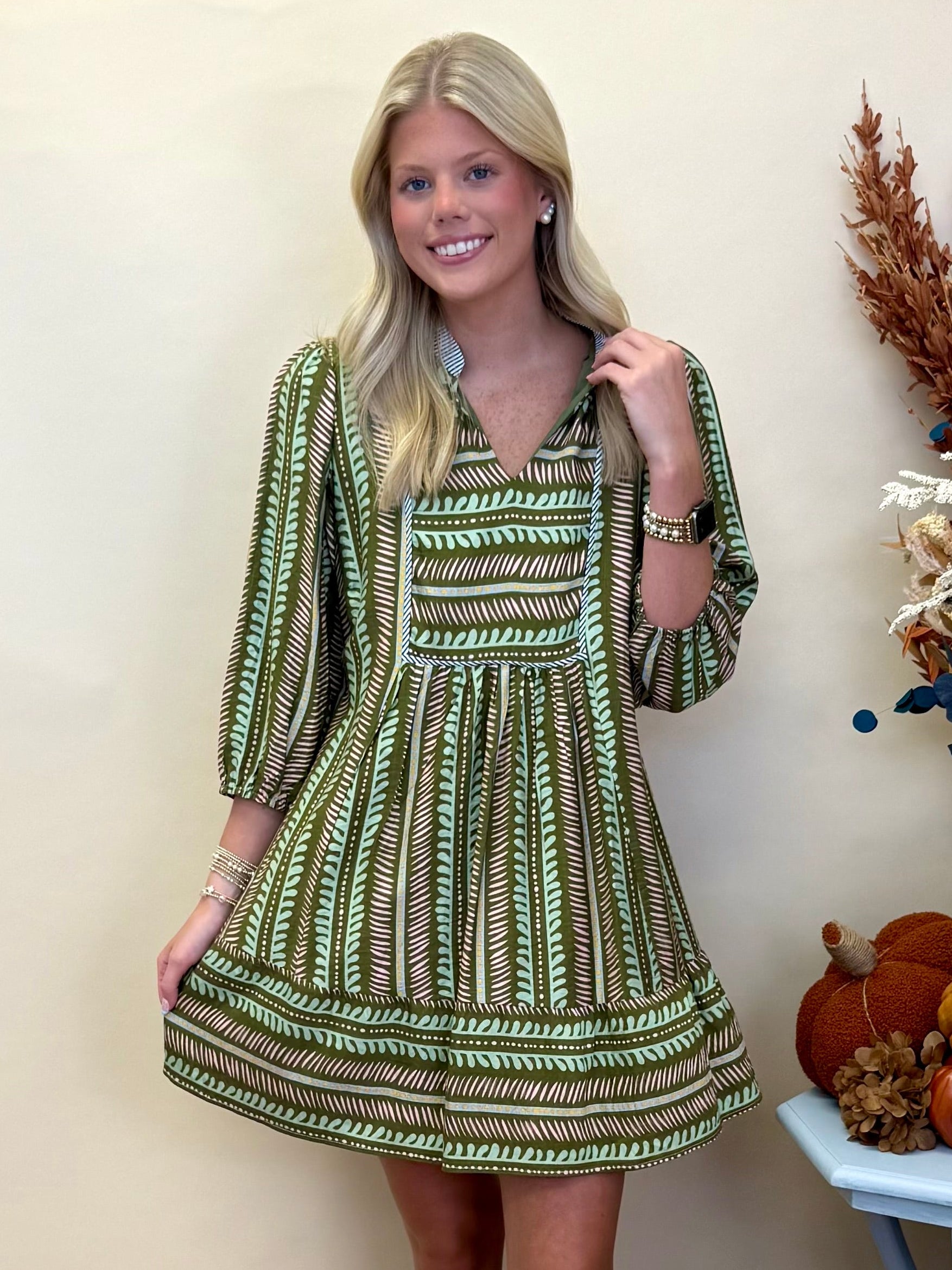 Going Forwards Olive Mix Aztec Babydoll Dress-Shop-Womens-Boutique-Clothing