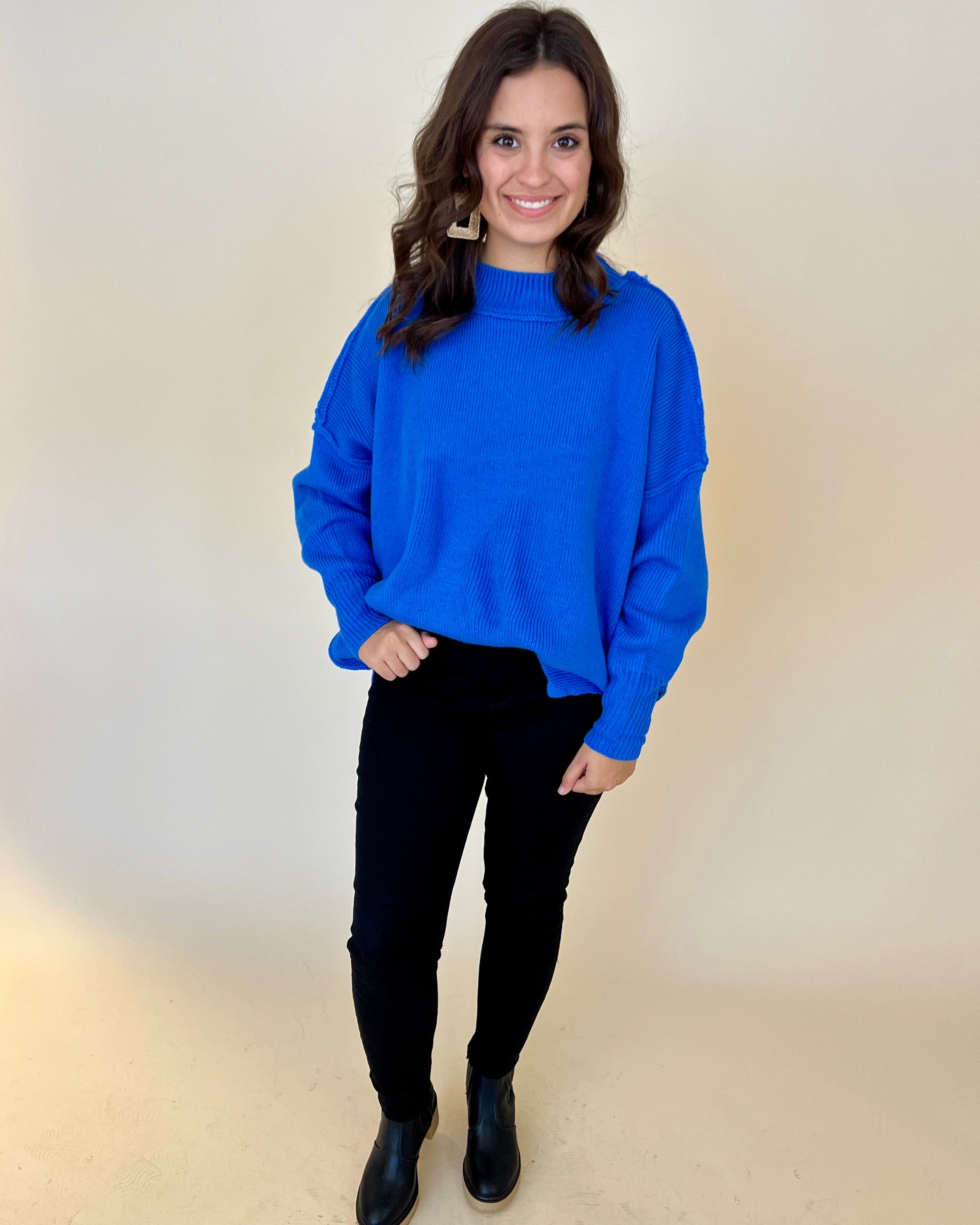 Pure Heart Diva Blue Ribbed Knit Sweater-Shop-Womens-Boutique-Clothing