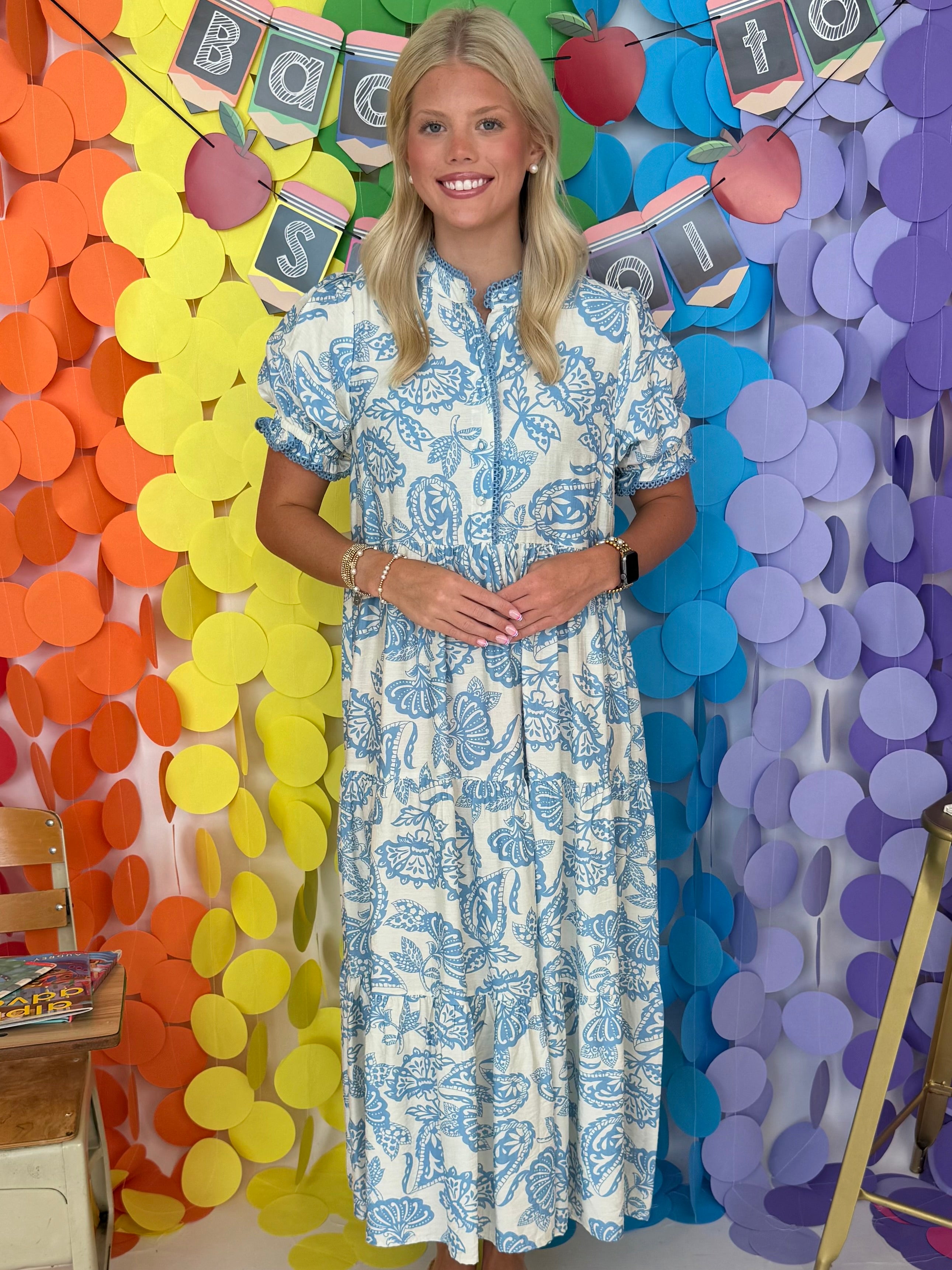 The Blow Kisses Lt Blue Paisley Print Midi Dress-Shop-Womens-Boutique-Clothing