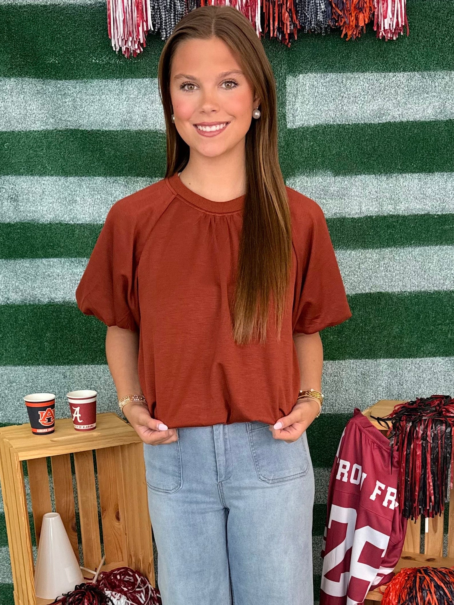 Bonfire Nights Rust Short Sleeve Bubble Top-Shop-Womens-Boutique-Clothing