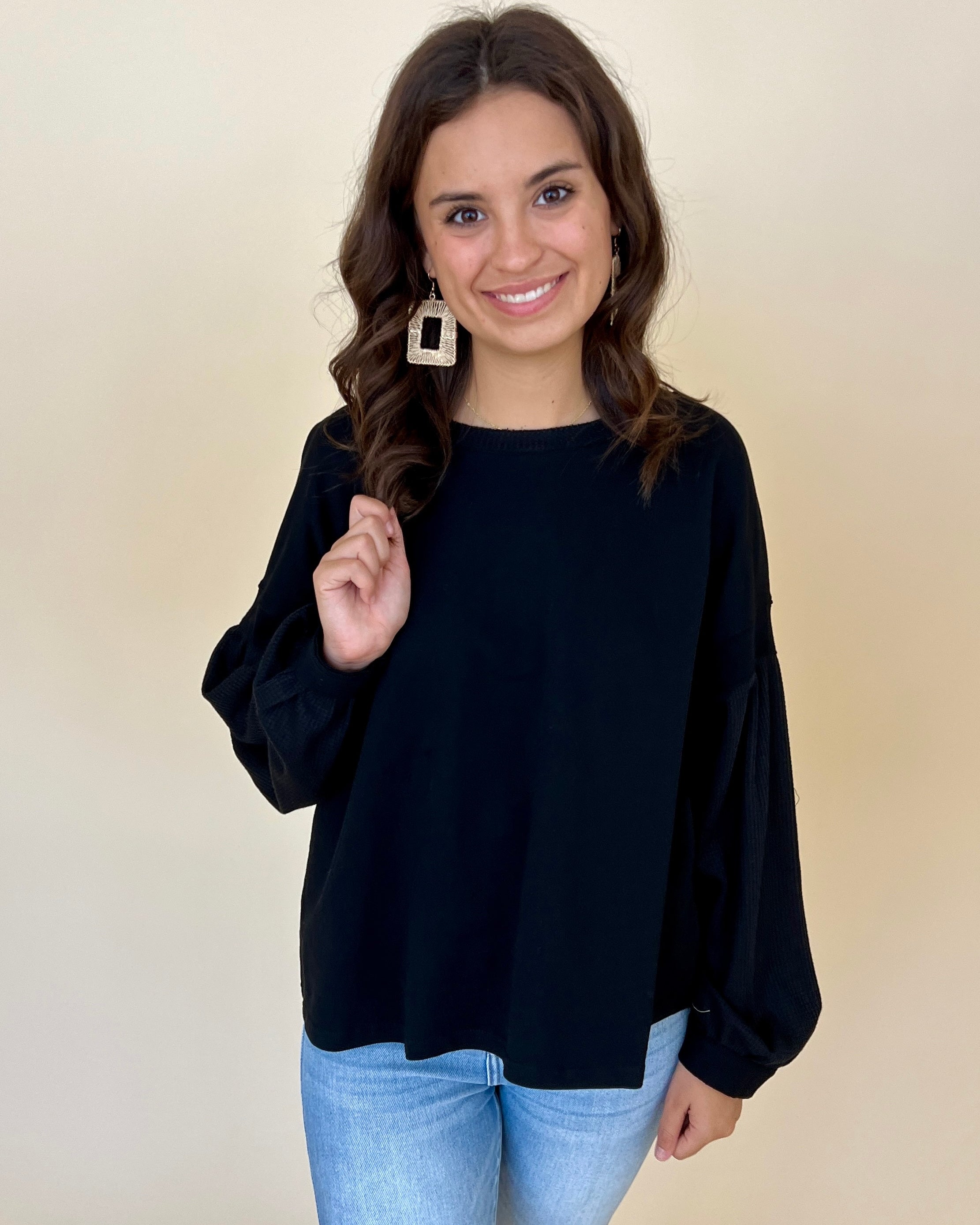 Rainy Days Black Waffle Knit Top-Shop-Womens-Boutique-Clothing