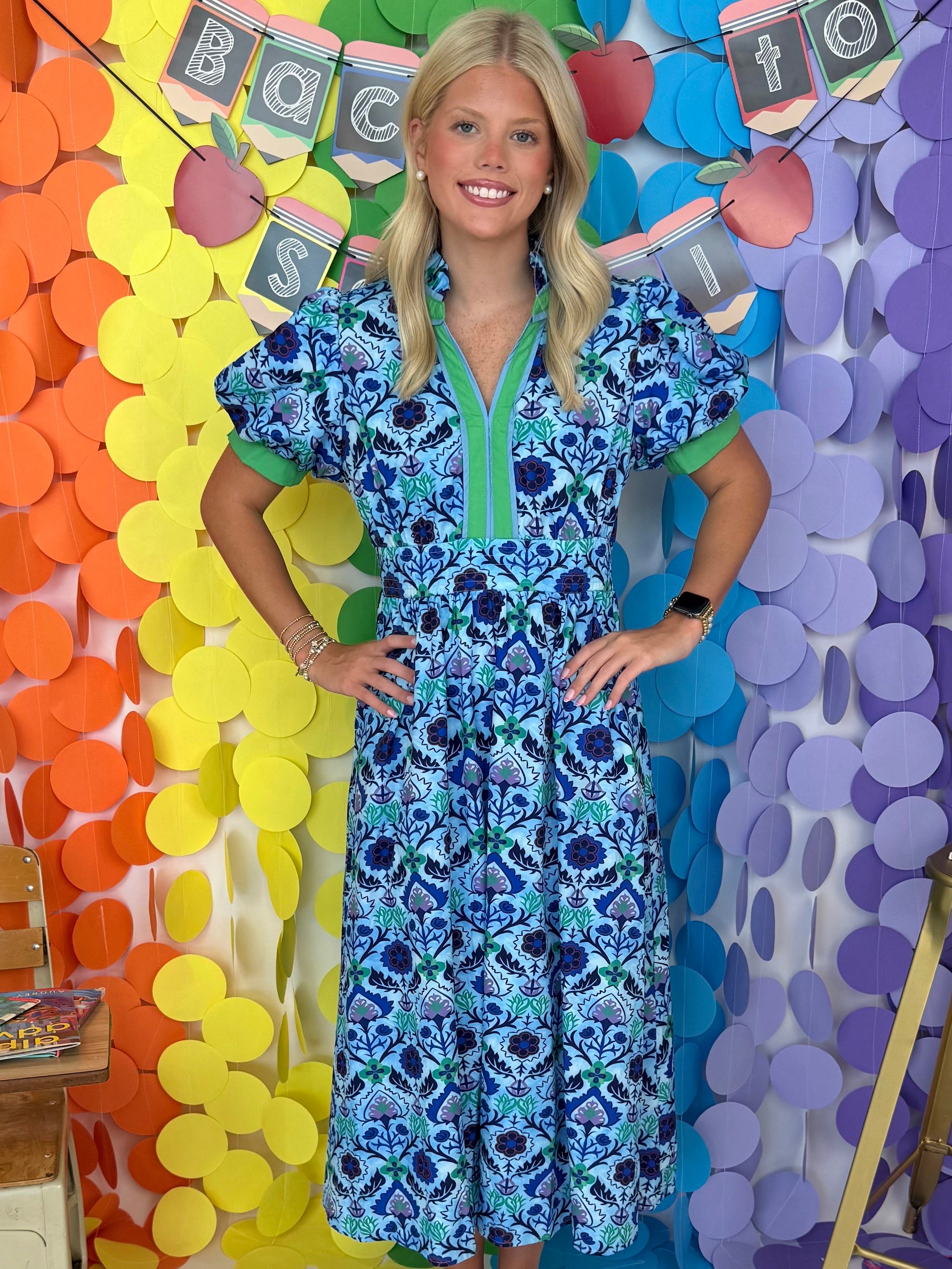 Simply Happy Blue Floral V-Neck Midi Dress-Shop-Womens-Boutique-Clothing