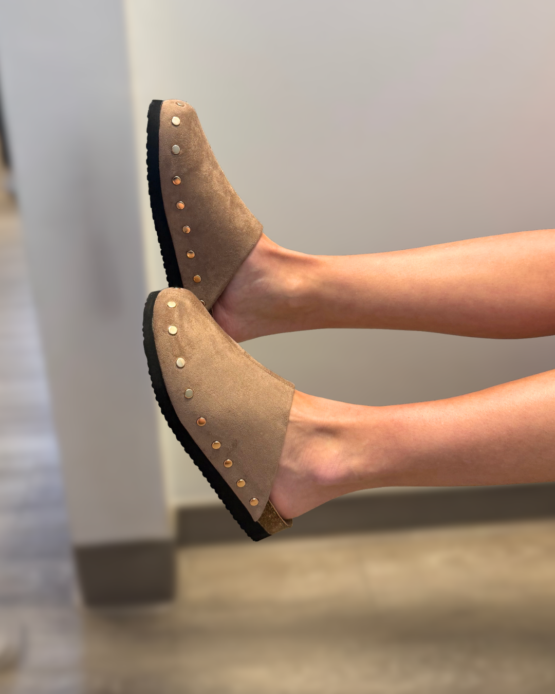 Caroline Taupe Microsuede Stud Detail Slide On Mule-Shop-Womens-Boutique-Clothing