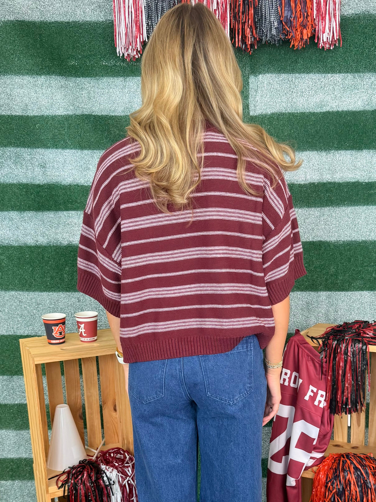 Next One Wine Striped Drop Sleeve Sweater-Shop-Womens-Boutique-Clothing