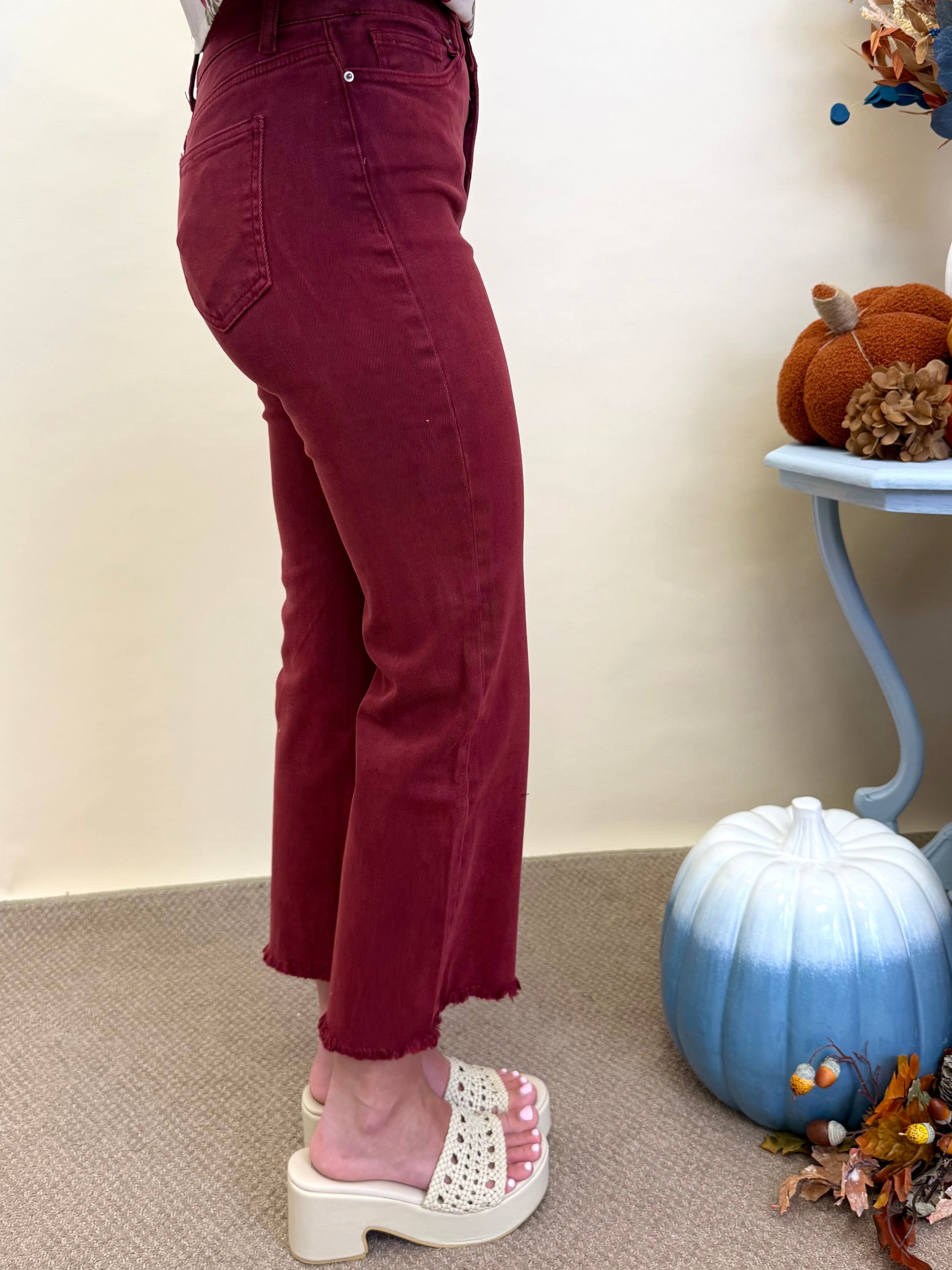 Feeling Close Dk Burgundy Frayed Bootcut Pants-Shop-Womens-Boutique-Clothing
