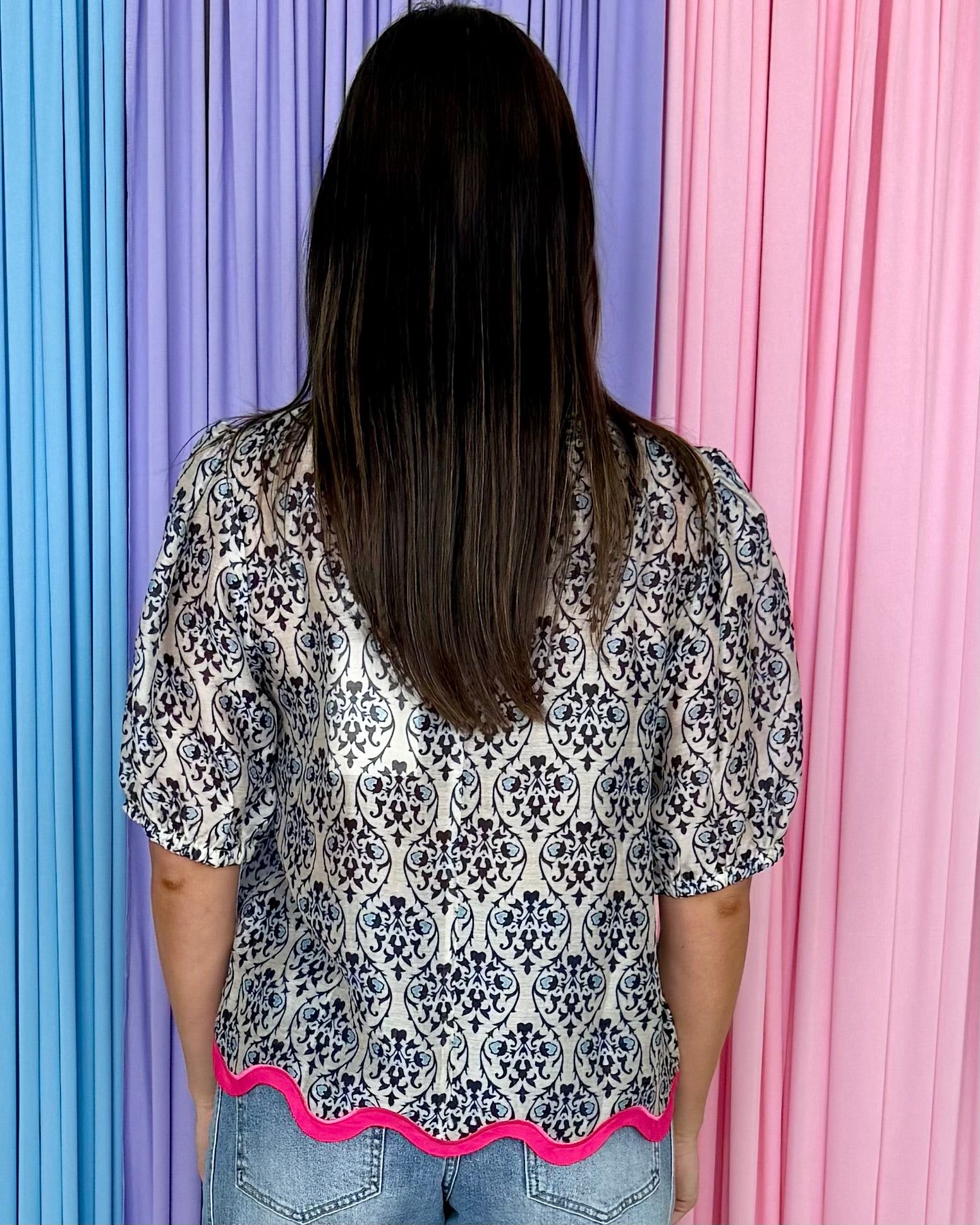 Pure Bliss Blue Printed Hemline Top-Shop-Womens-Boutique-Clothing