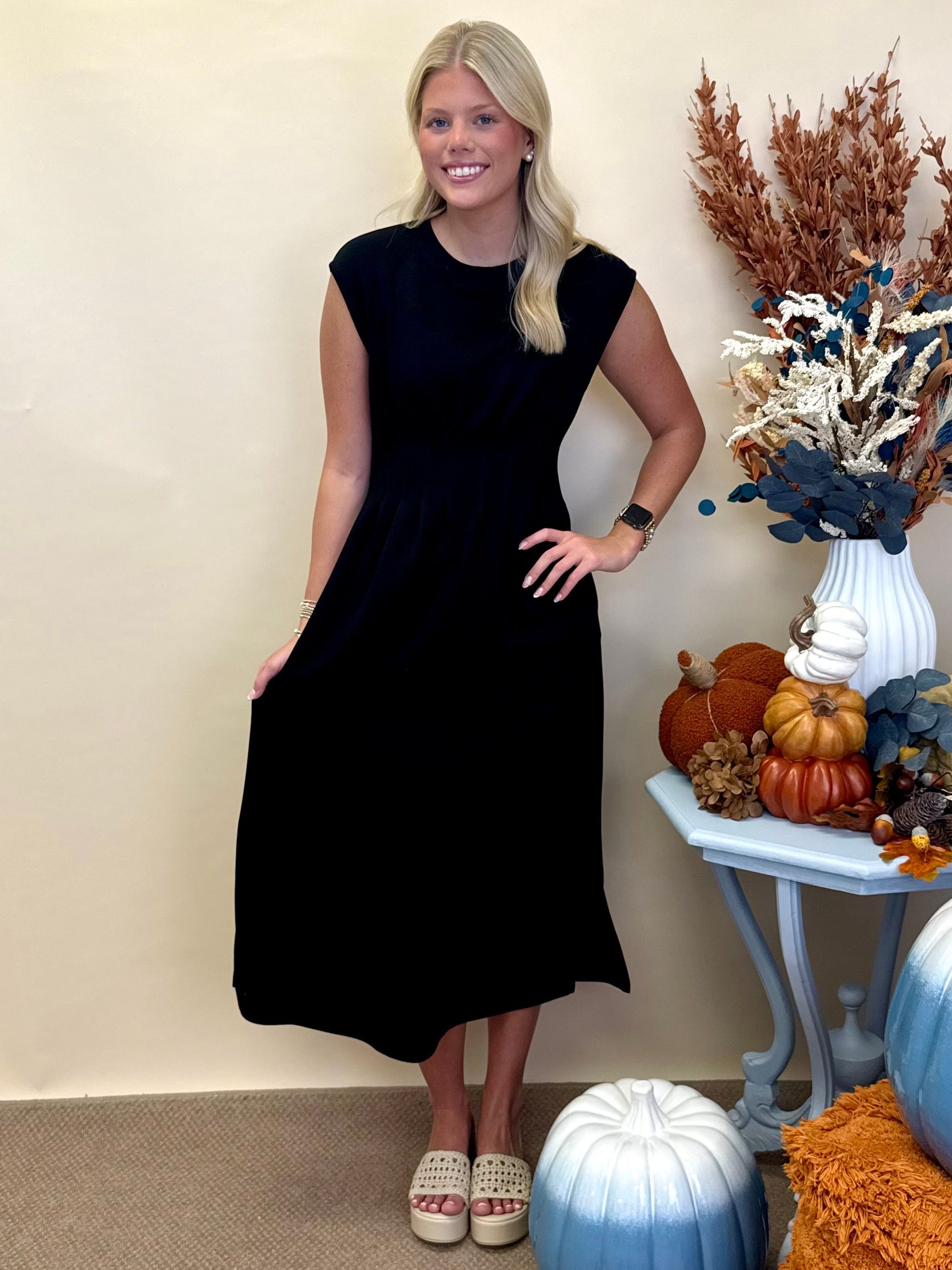 Cherished Moments Black Pintuck Midi Dress-Shop-Womens-Boutique-Clothing