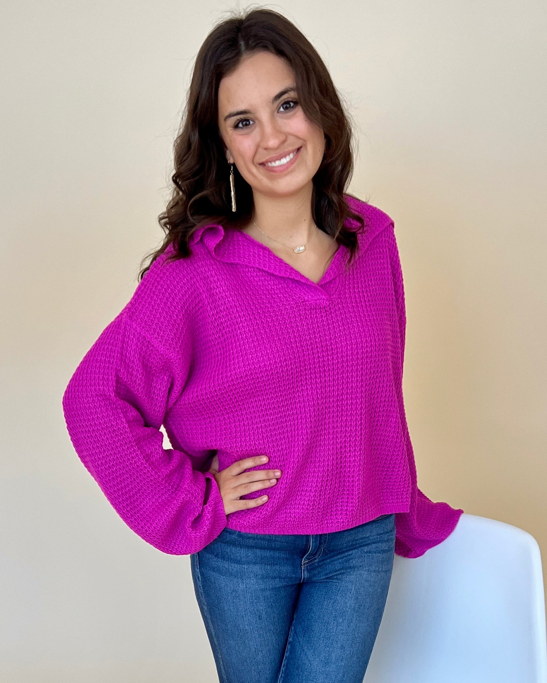 Based On Love Hot Pink Waffle Knit Sweater-Shop-Womens-Boutique-Clothing