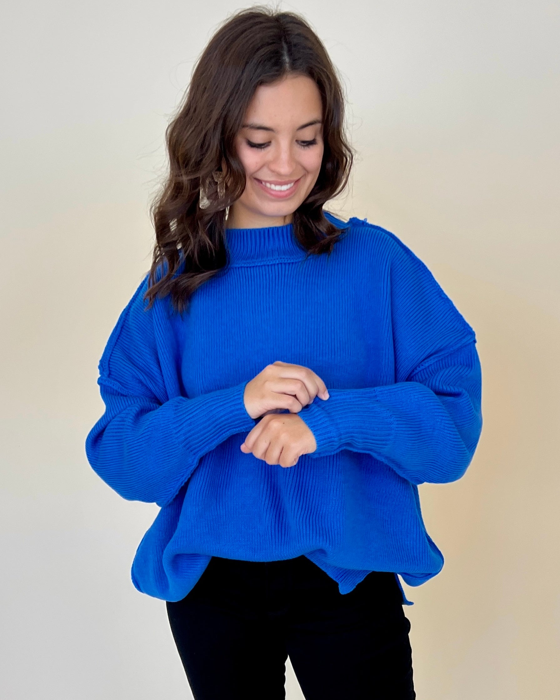 Pure Heart Diva Blue Ribbed Knit Sweater-Shop-Womens-Boutique-Clothing