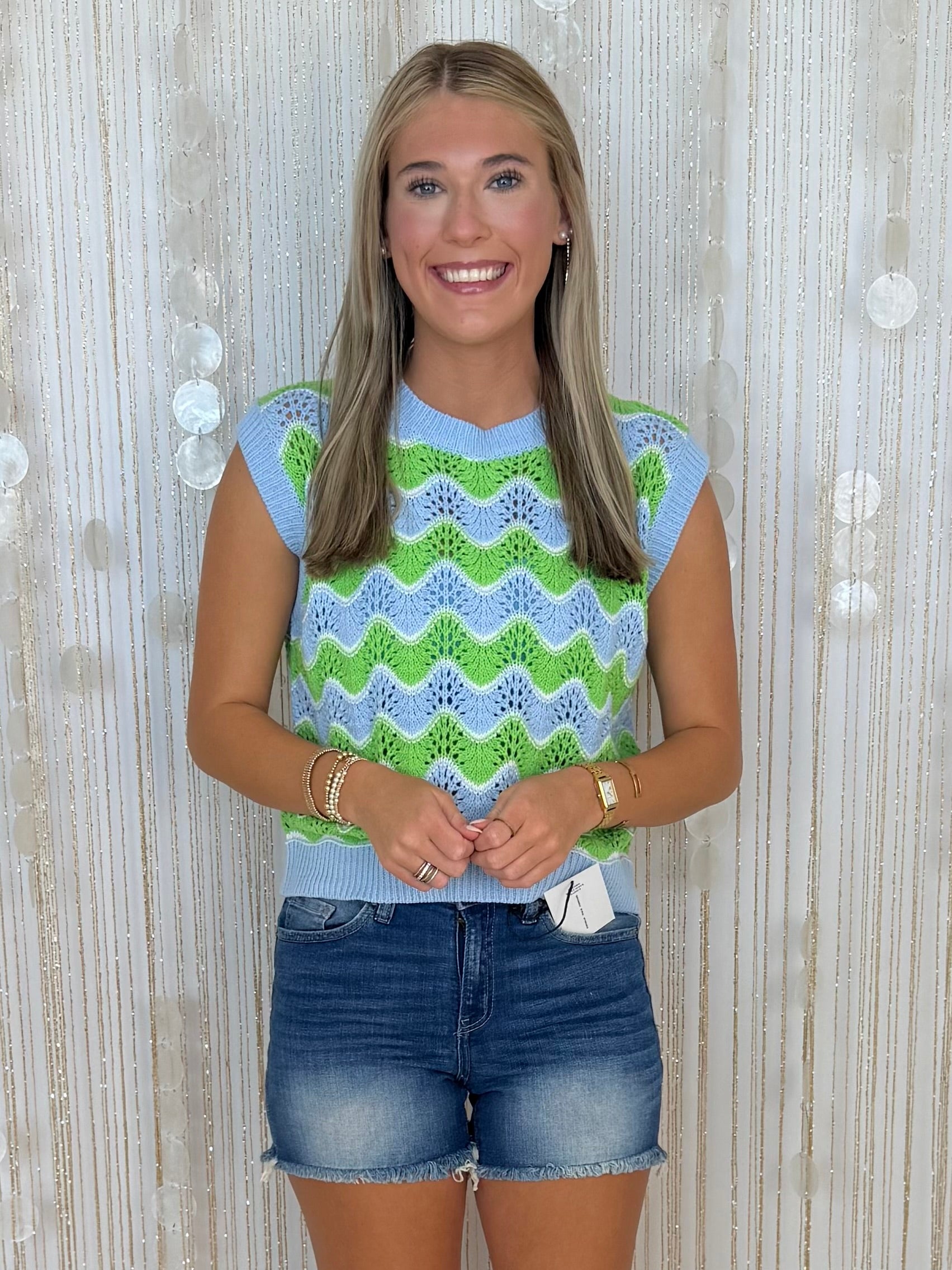 Blissfully Perfect Blue/Green Wavy Sleeveless Sweater-Shop-Womens-Boutique-Clothing