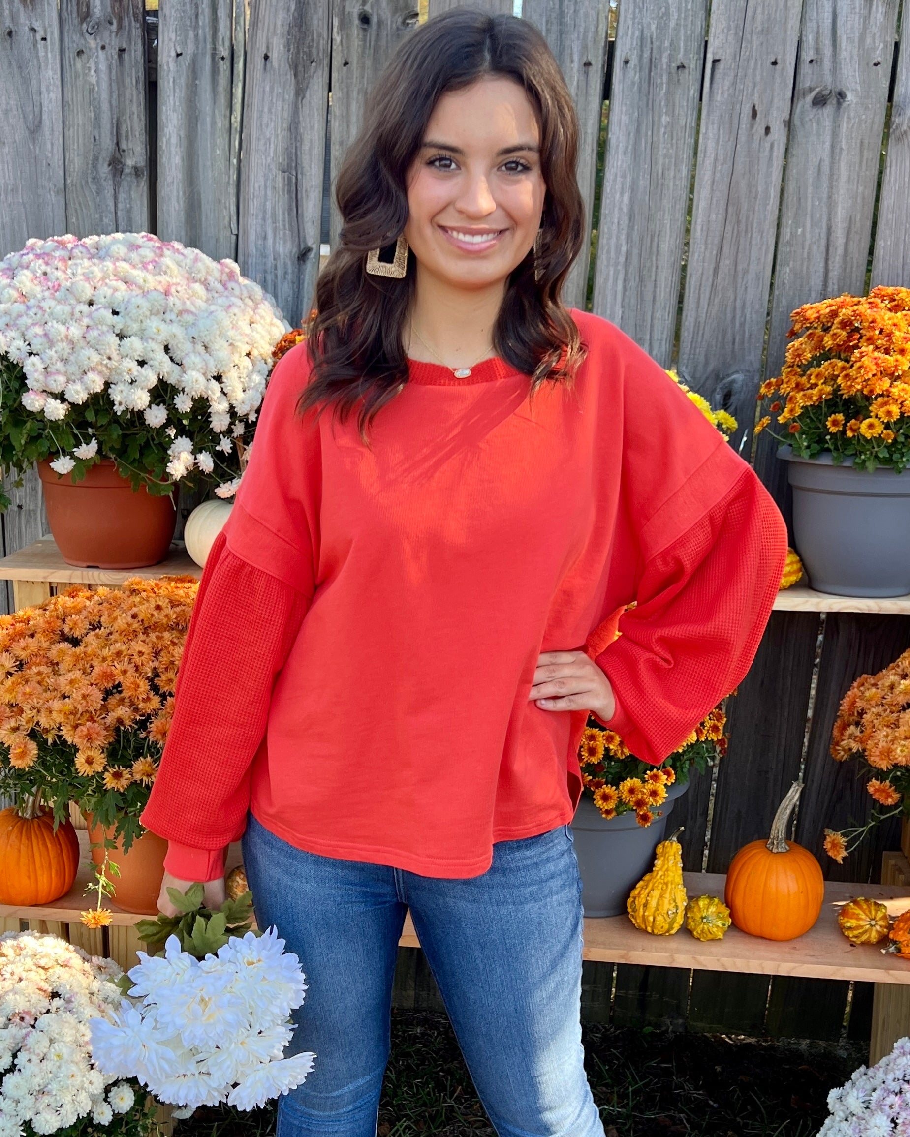 Rainy Days Orange Red Waffle Knit Top-Shop-Womens-Boutique-Clothing