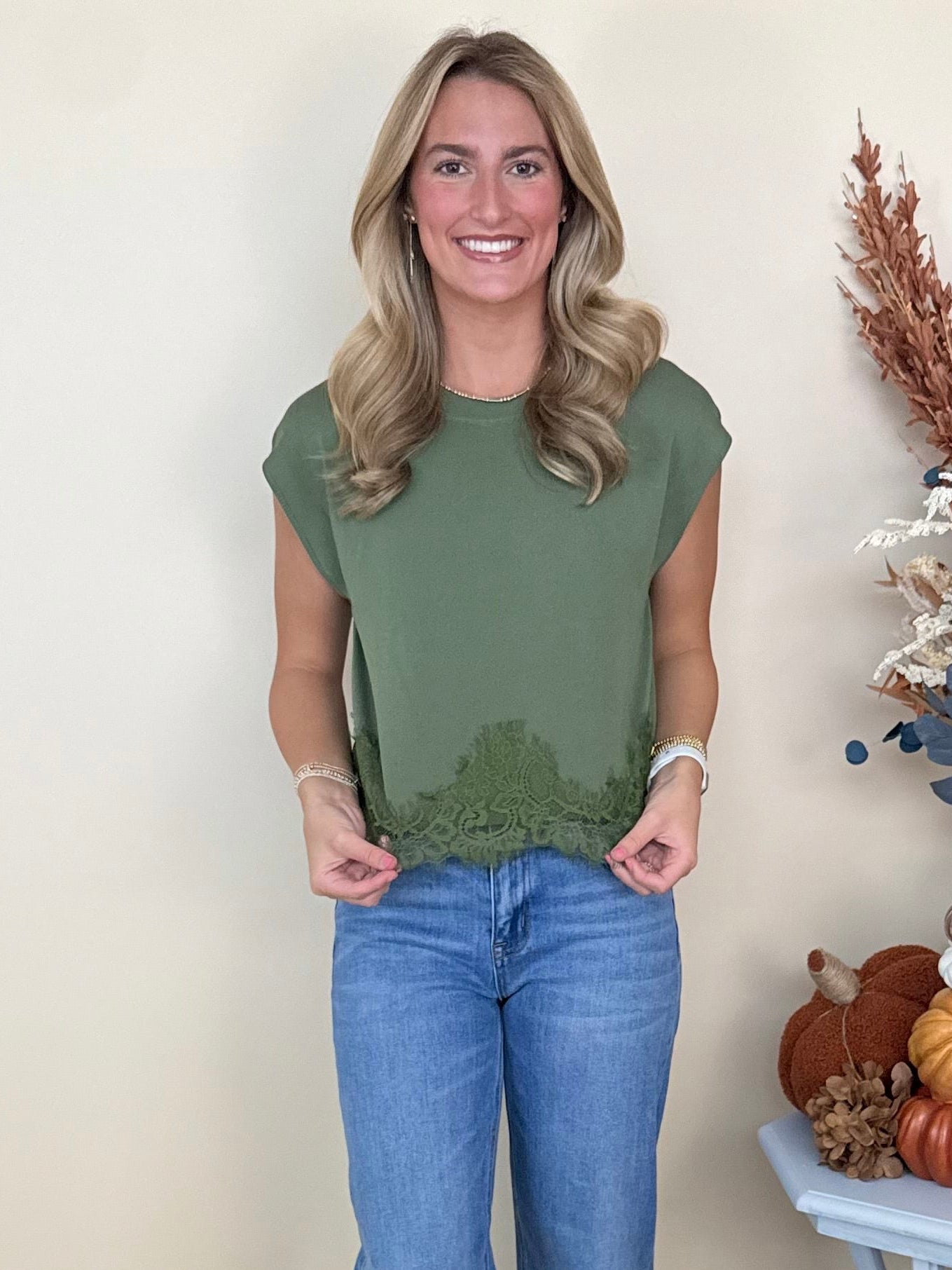 Boho Bliss Olive Lace Trim Sleeveless Sweater-Shop-Womens-Boutique-Clothing