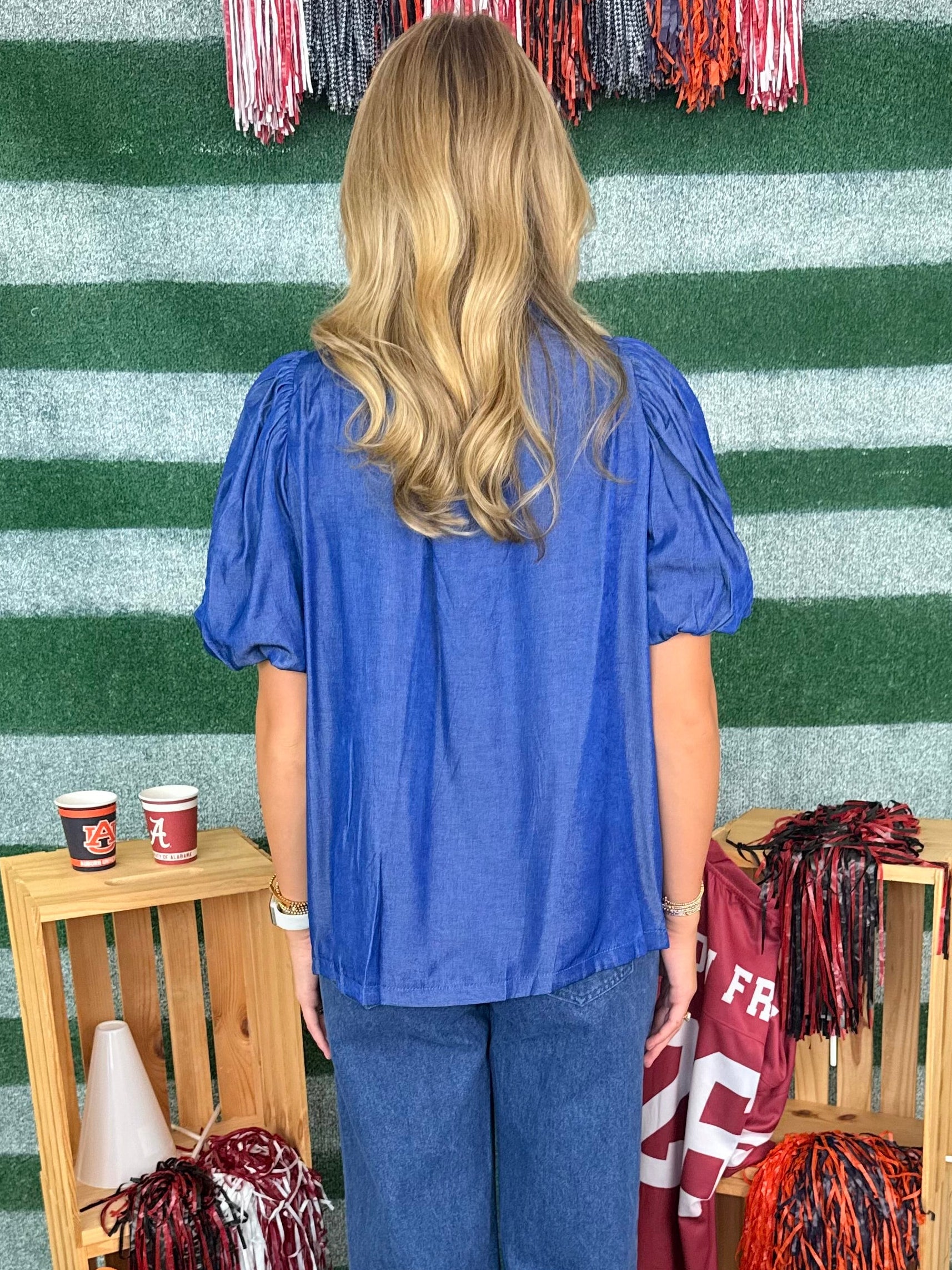 Fourth Down Indigo Ruffle Neck Smocked Top-Shop-Womens-Boutique-Clothing