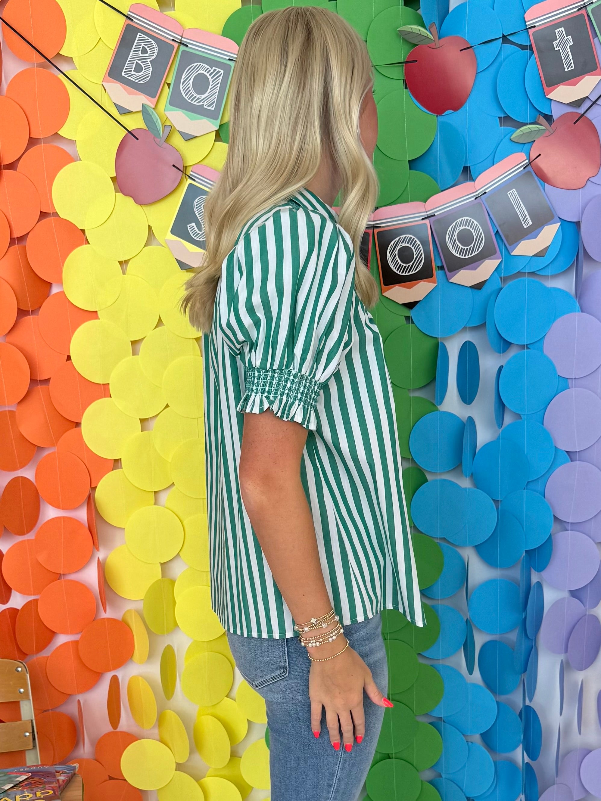 Effortless Energy Green Striped Smocked Top-Shop-Womens-Boutique-Clothing