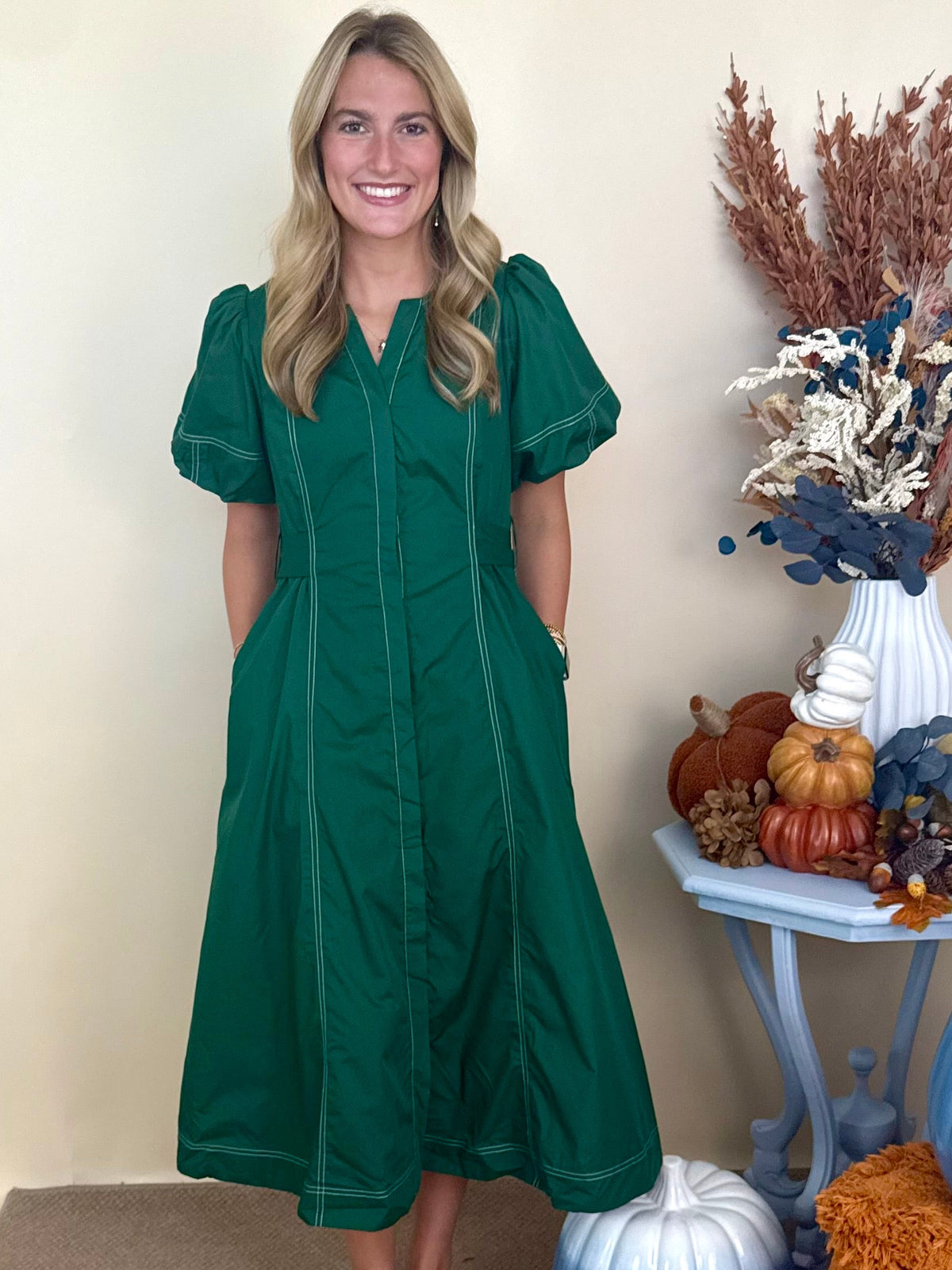 Copper Leaves H Green Stitch Puff Sleeve Midi Dress-Shop-Womens-Boutique-Clothing