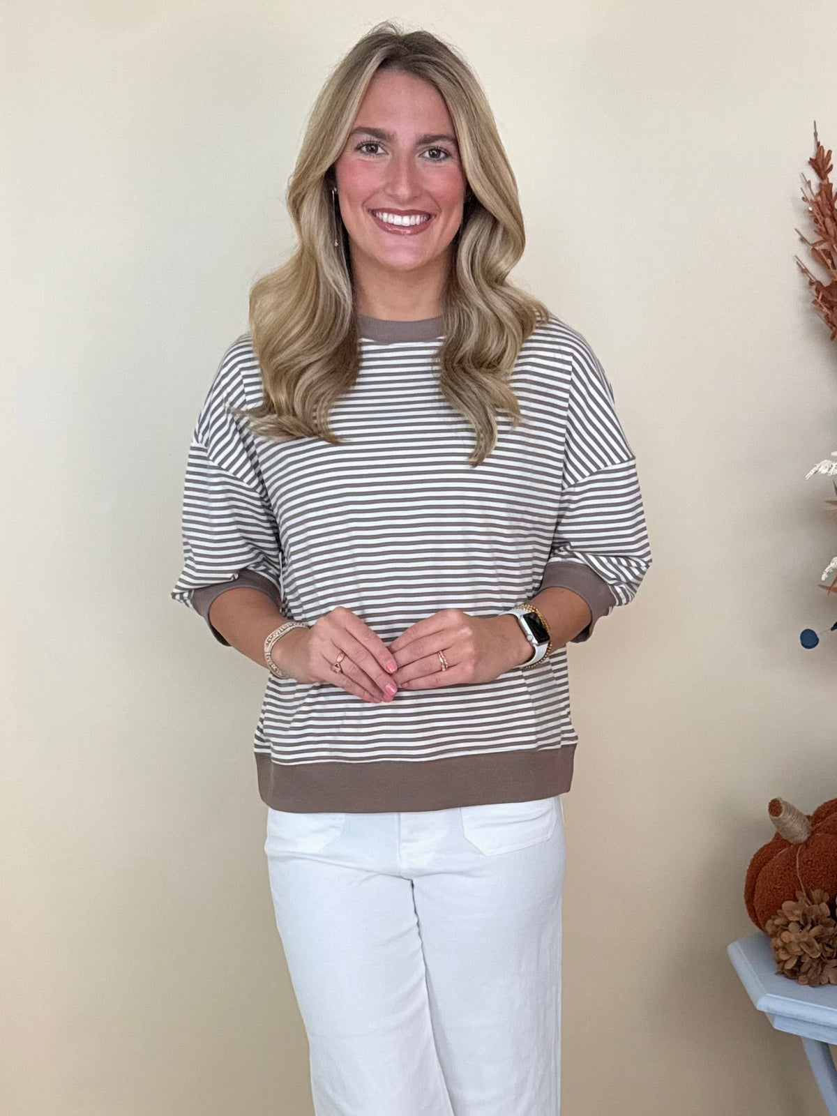 Weekend Wonder Cream/Mocha Striped Contrast Trim Top-Shop-Womens-Boutique-Clothing