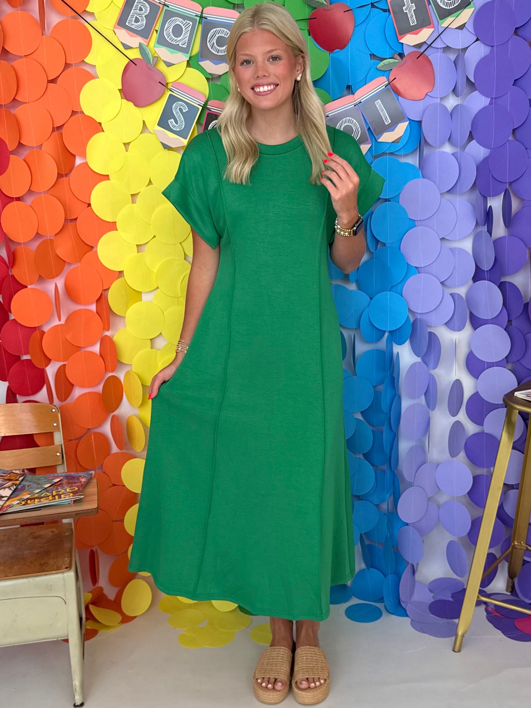 After Hours Green Paneled Seam Midi Dress-Shop-Womens-Boutique-Clothing