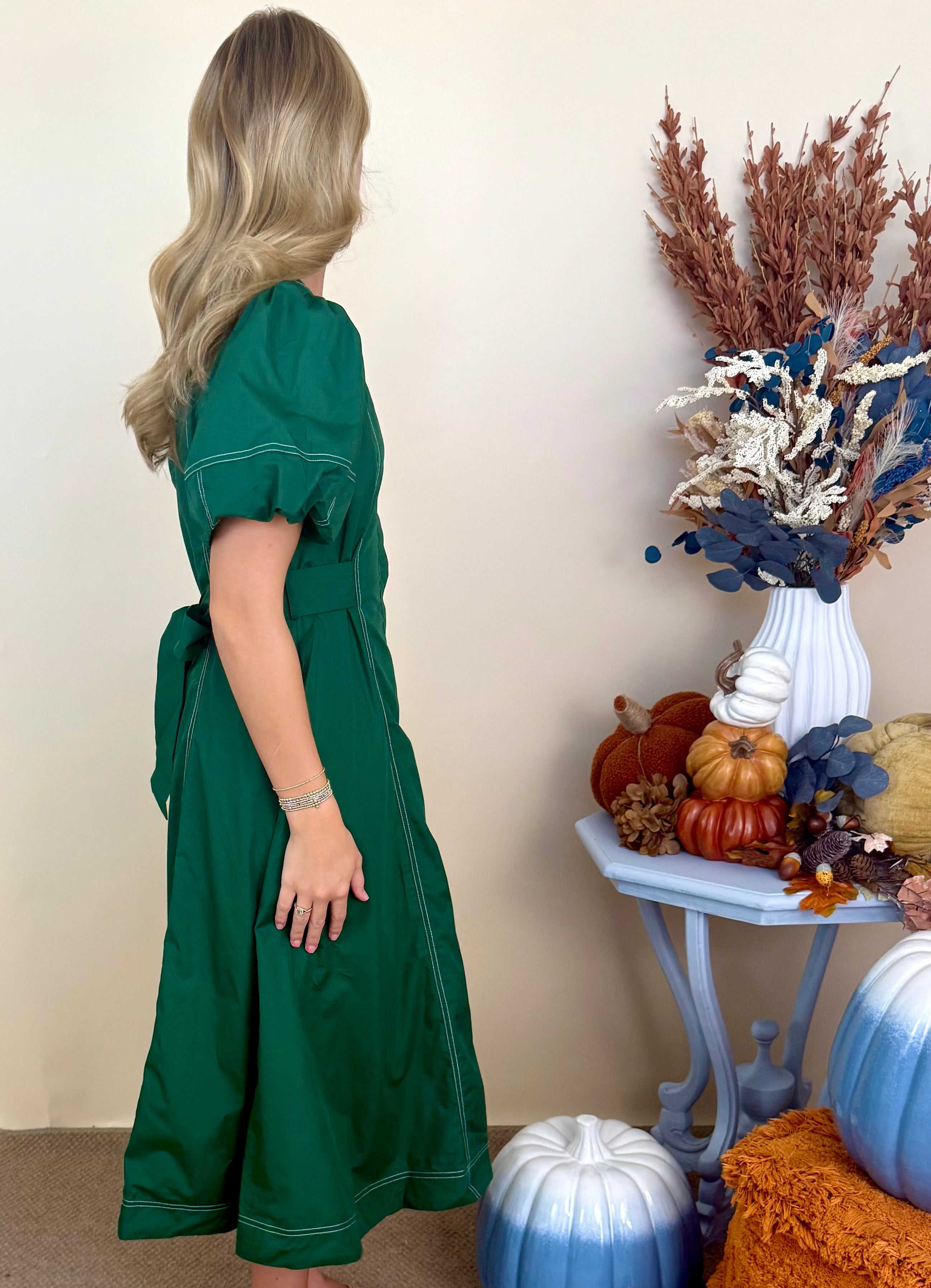 Copper Leaves H Green Stitch Puff Sleeve Midi Dress-Shop-Womens-Boutique-Clothing