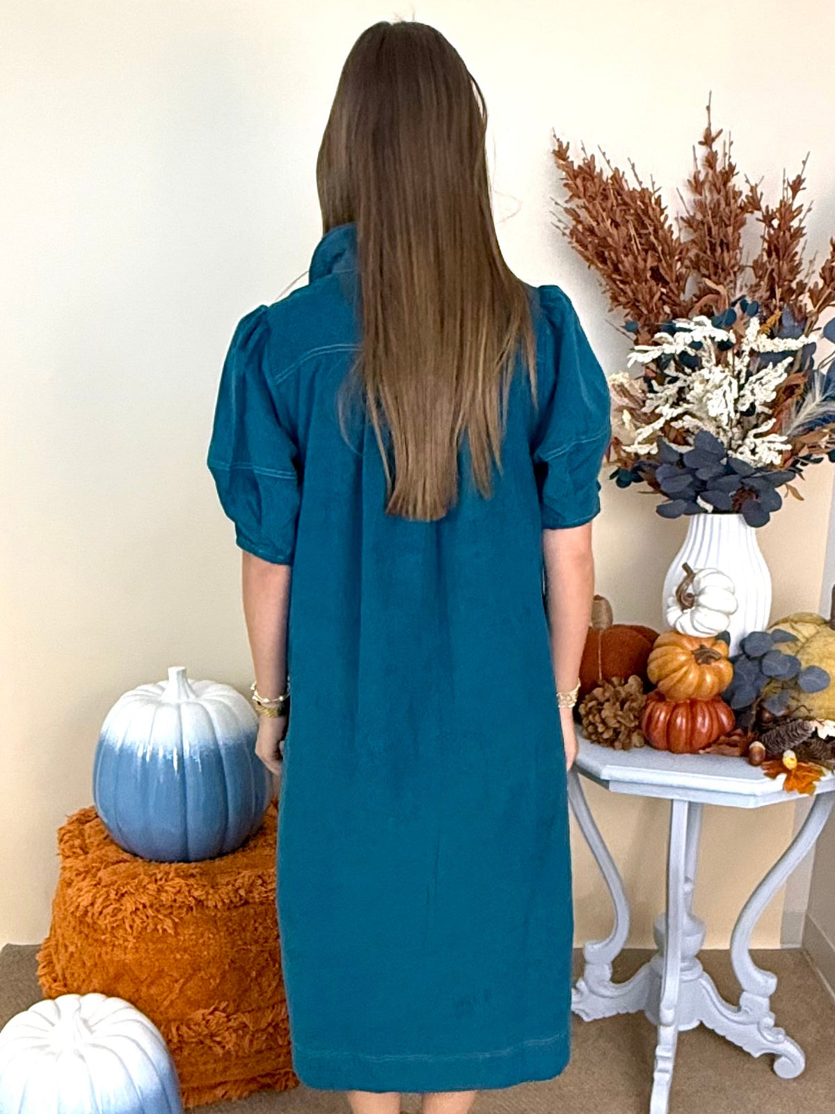 October Mood Teal Collared Corduroy Midi Dress-Shop-Womens-Boutique-Clothing