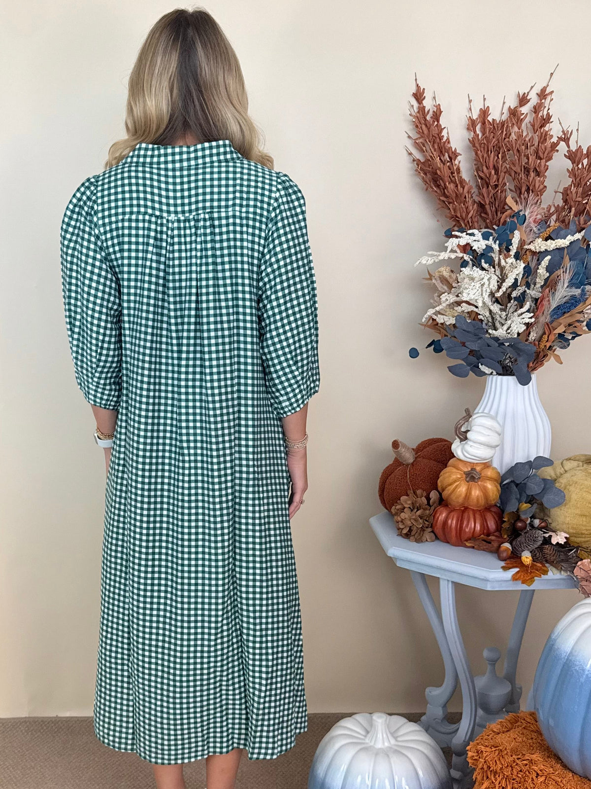 Bookclub Chic Hunter Green Checkered Collared Midi Dress-Shop-Womens-Boutique-Clothing