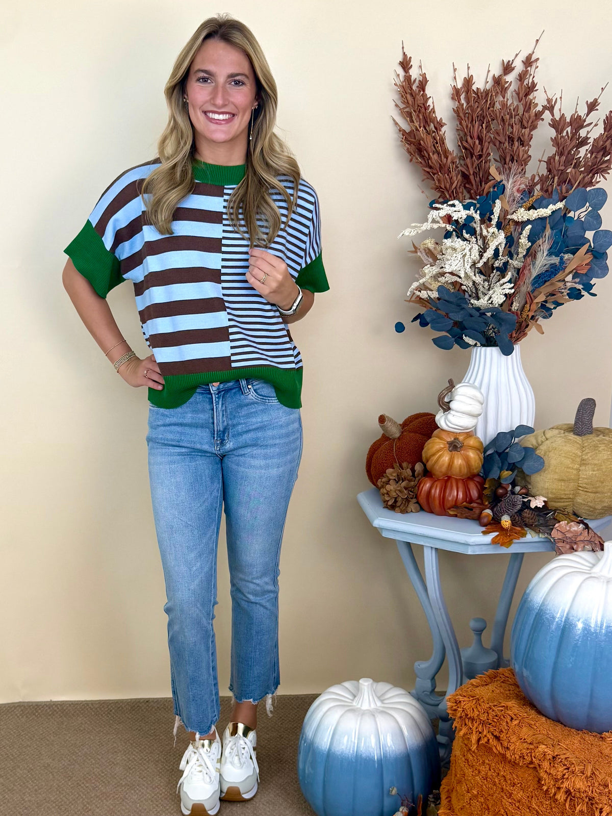 Feeling Social Olive Green/Brown Striped Drop Shoulder Sweater-Shop-Womens-Boutique-Clothing