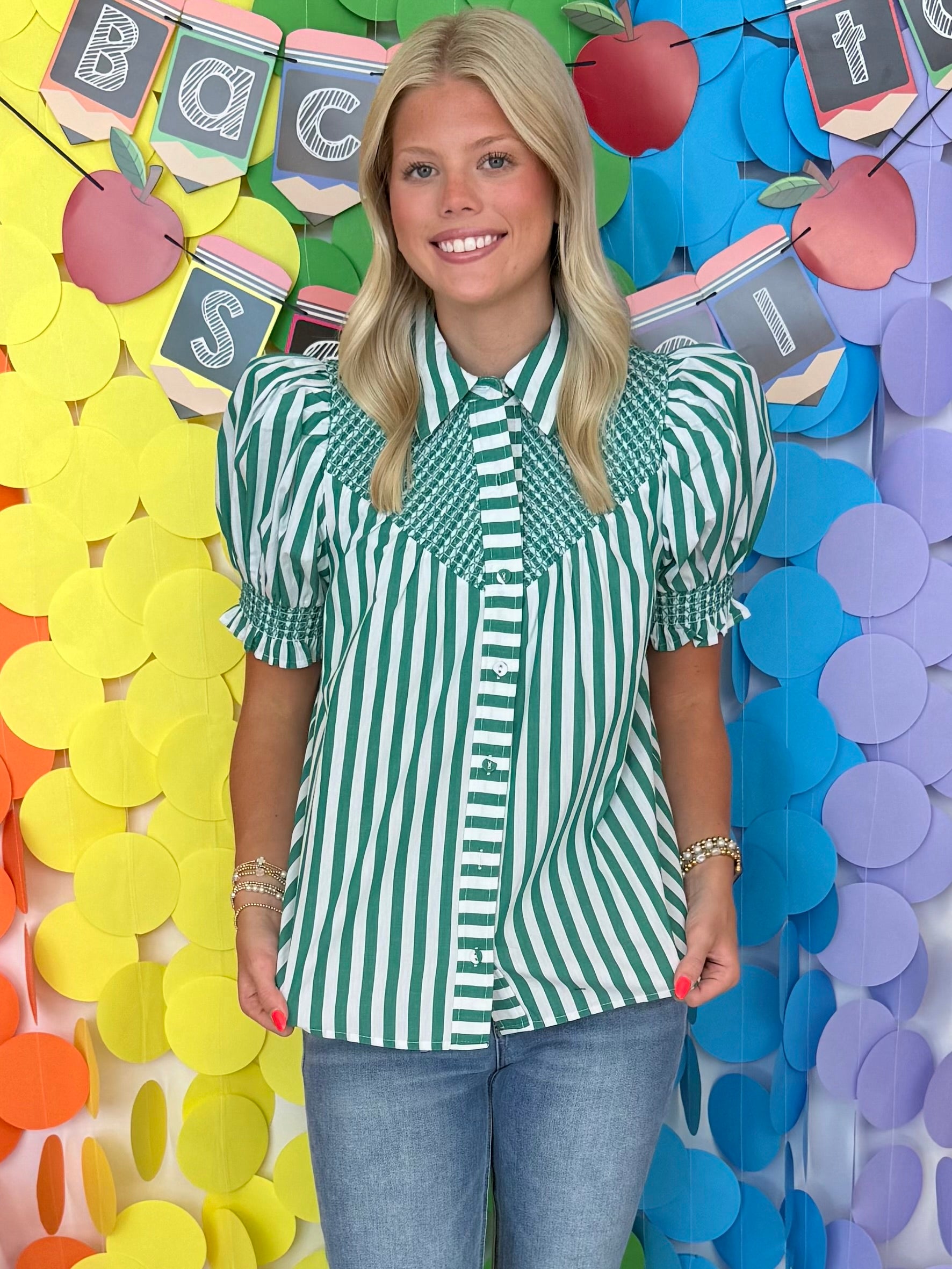 Effortless Energy Green Striped Smocked Top-Shop-Womens-Boutique-Clothing