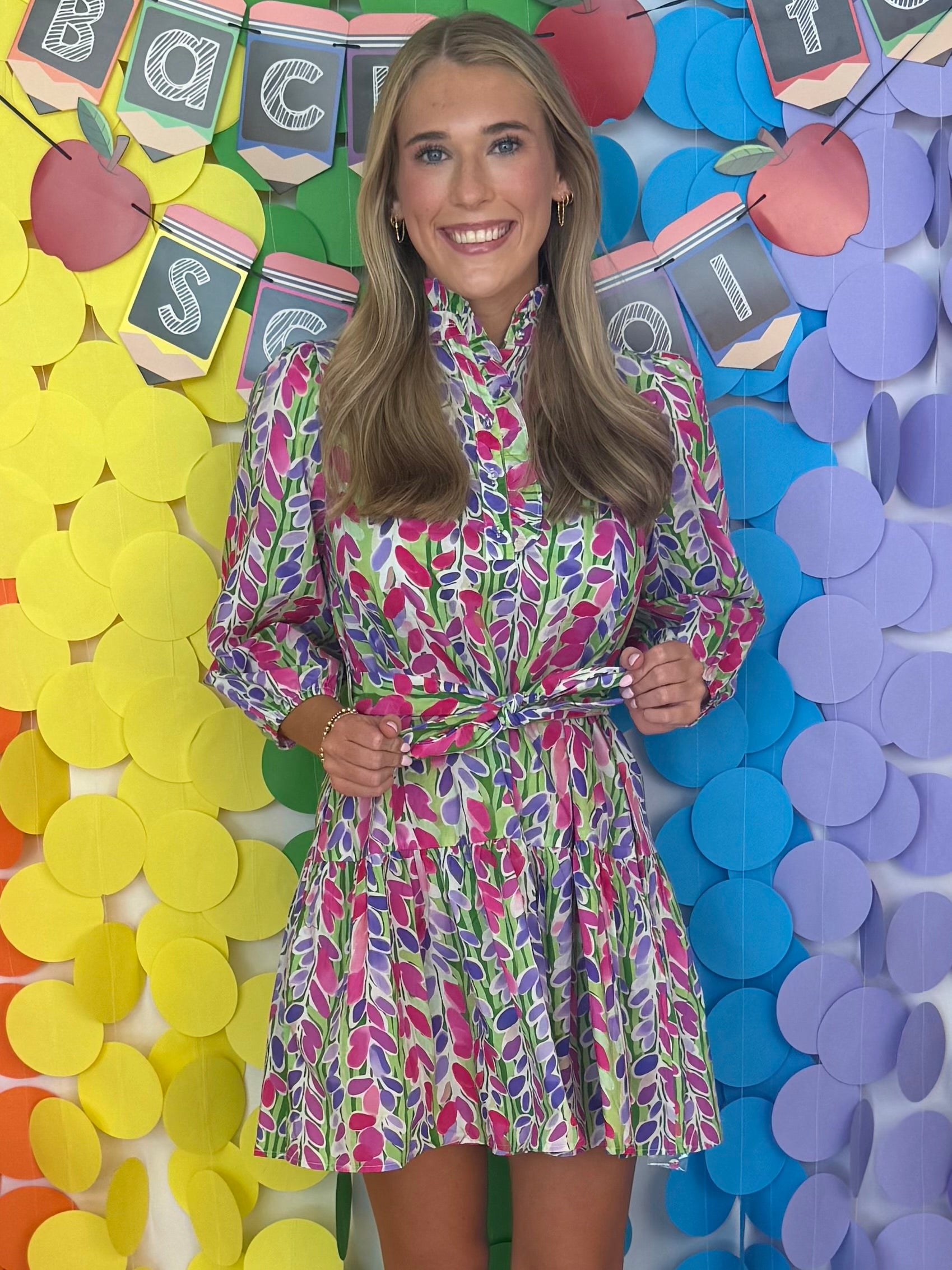 Sweet Talk Green and Pink Botanical Ruffle Neck Belted Dress-Shop-Womens-Boutique-Clothing