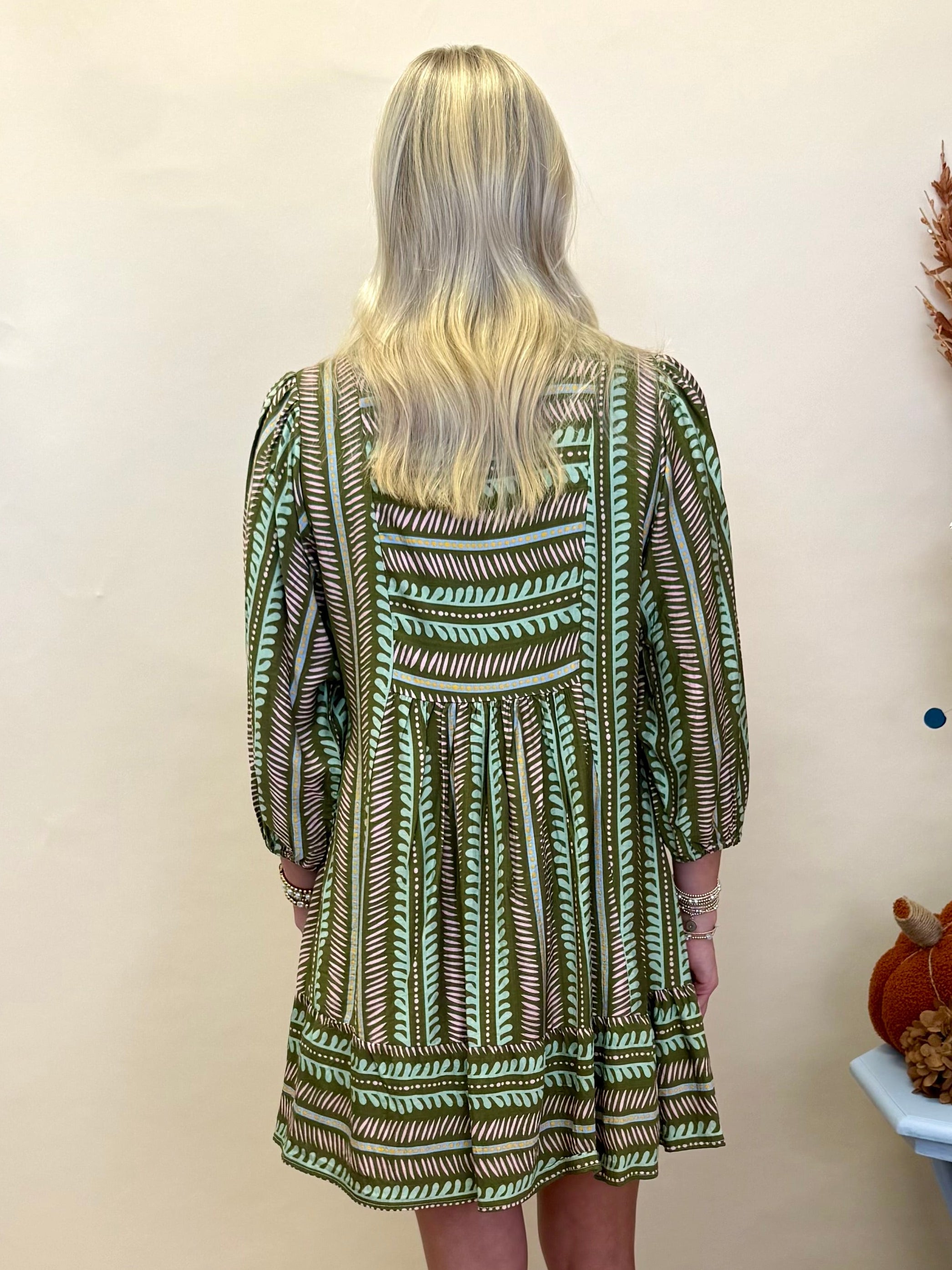 Going Forwards Olive Mix Aztec Babydoll Dress-Shop-Womens-Boutique-Clothing