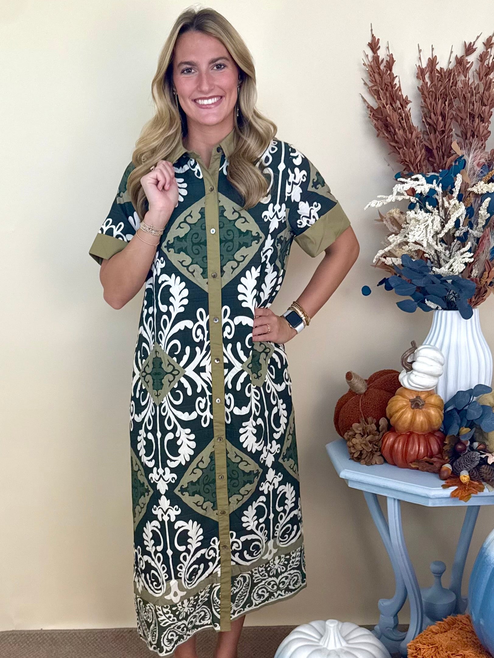 Harvest Days Olive Scroll Print Dress-Shop-Womens-Boutique-Clothing