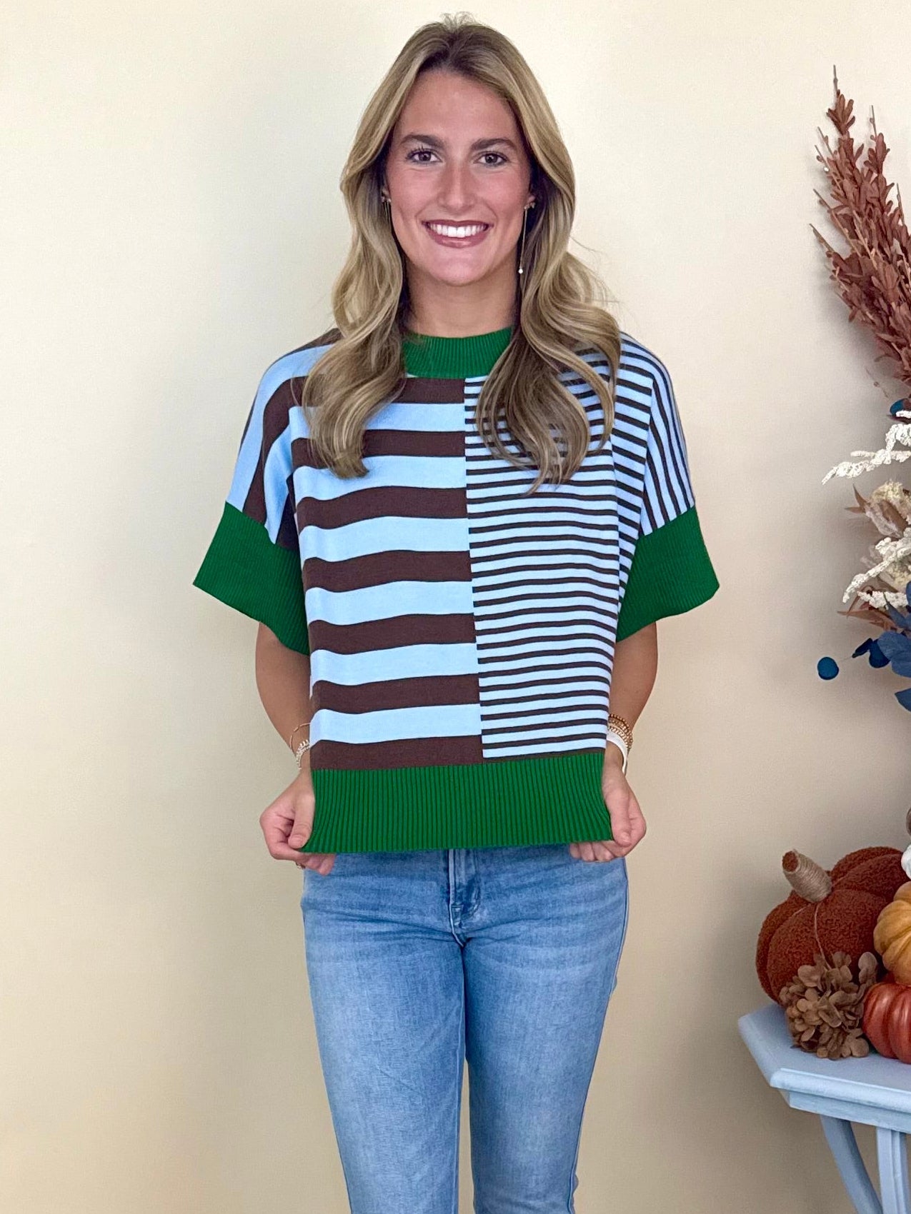 Feeling Social Olive Green/Brown Striped Drop Shoulder Sweater-Shop-Womens-Boutique-Clothing