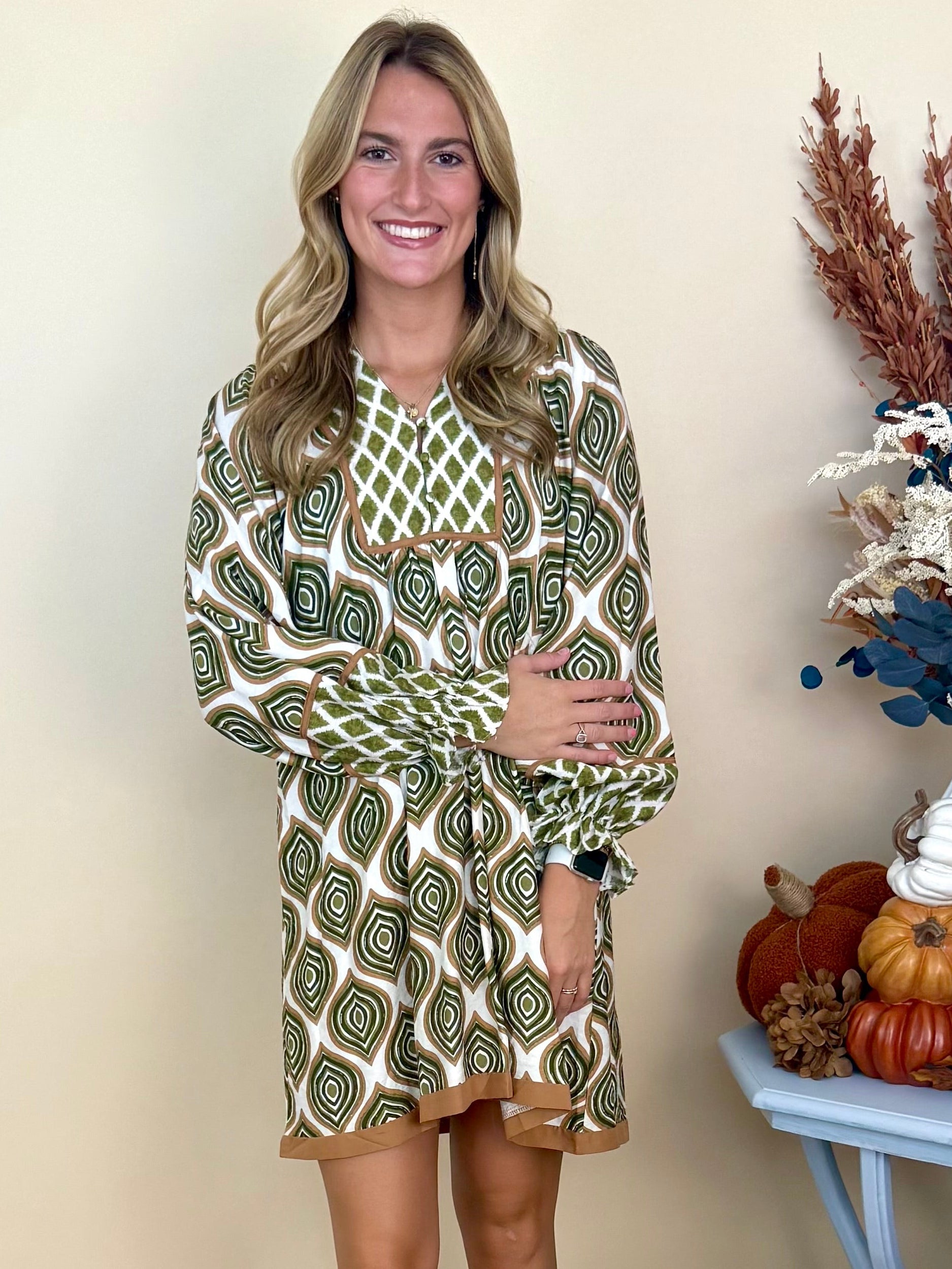 Good Moods Sage Mix Geometric Tunic Dress-Shop-Womens-Boutique-Clothing