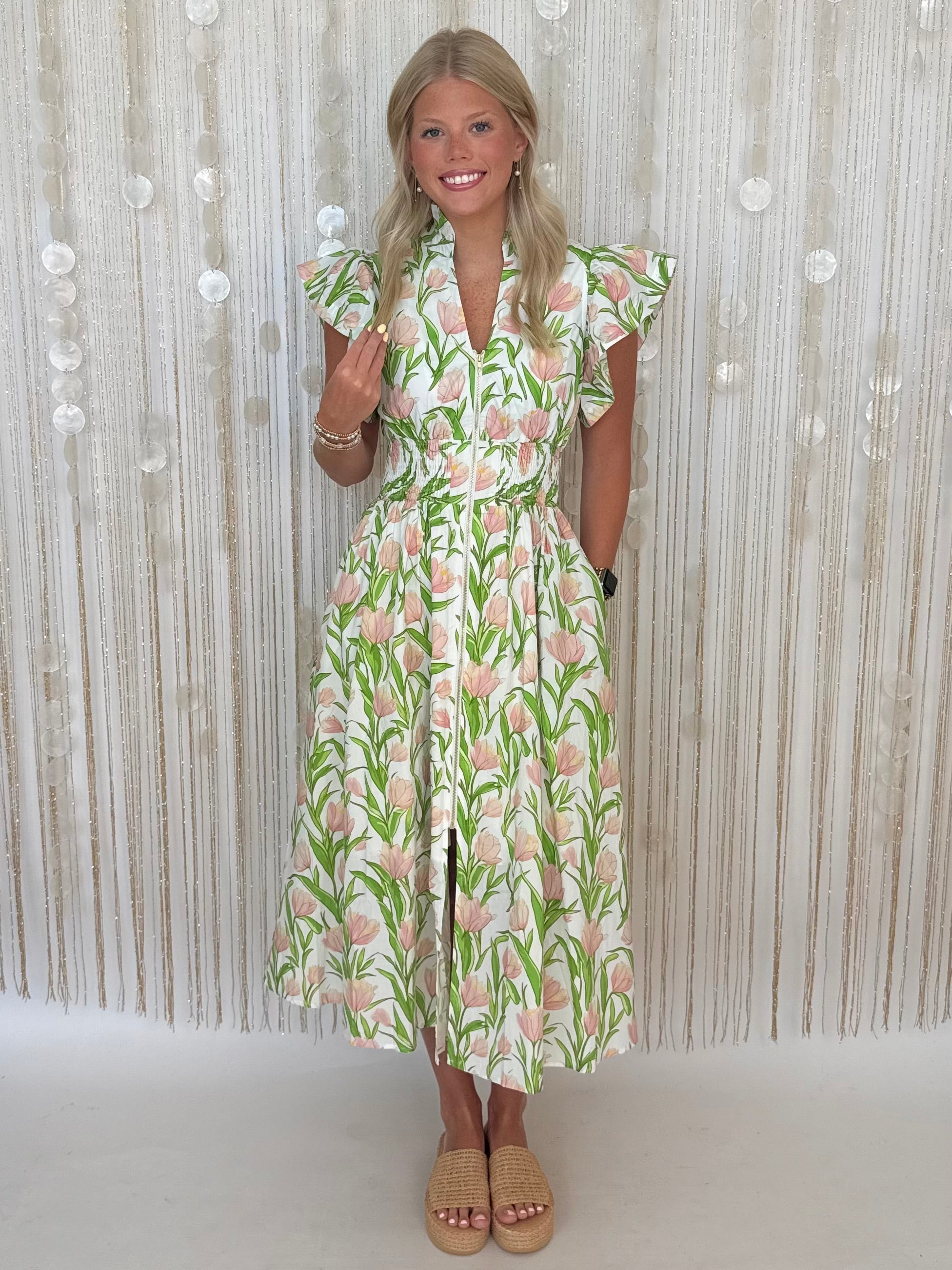 Sweet Devotion Cream Botanical Smocked Midi Dress-Shop-Womens-Boutique-Clothing