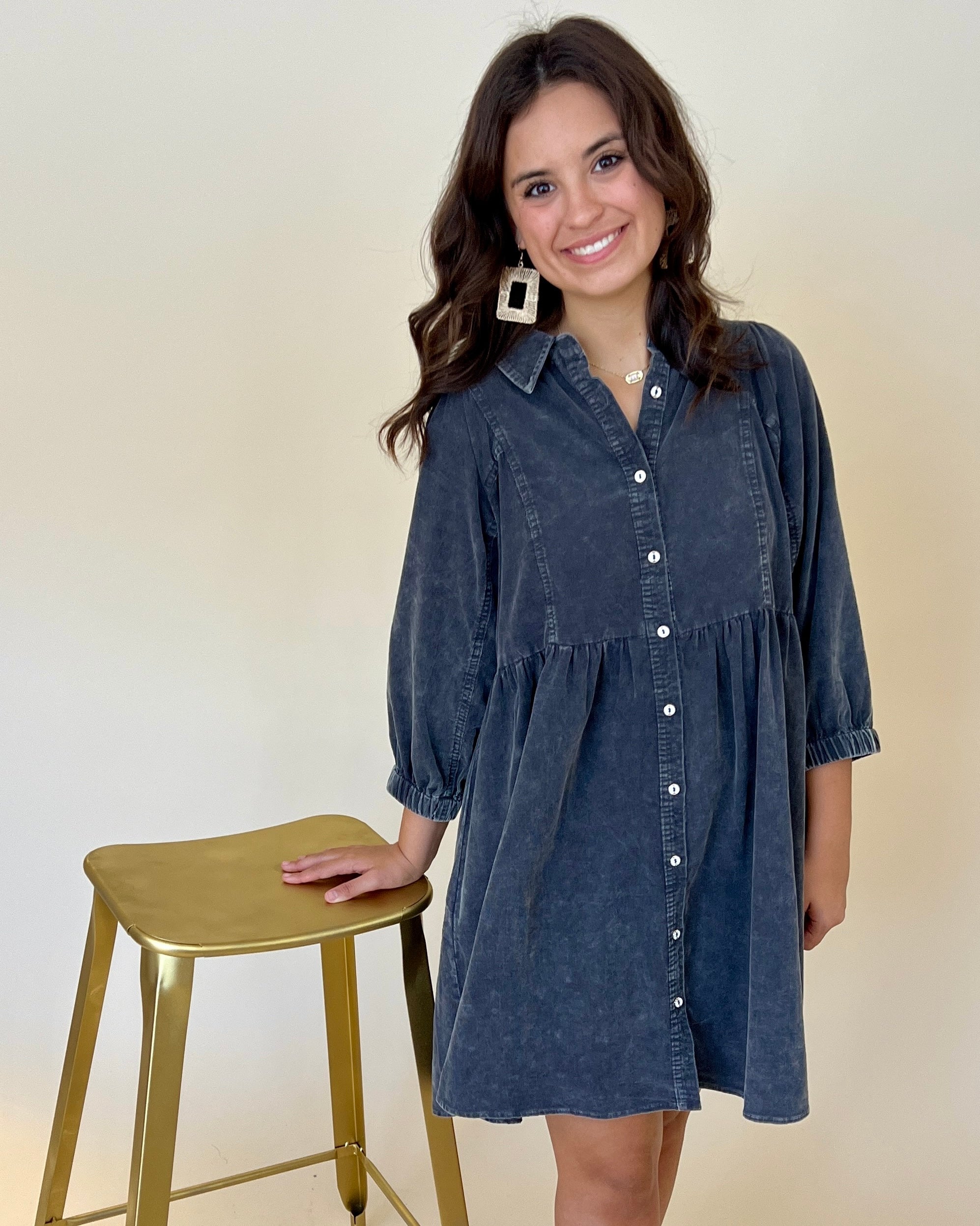Embrace Life Dark Grey Mineral Wash Button Dress-Shop-Womens-Boutique-Clothing