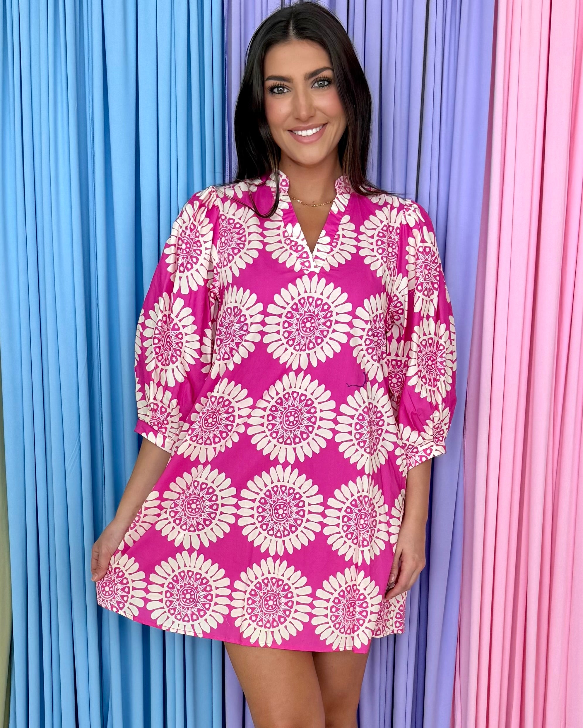 Sweet Serenity Hot Pink Geometric V Neck Dress-Shop-Womens-Boutique-Clothing