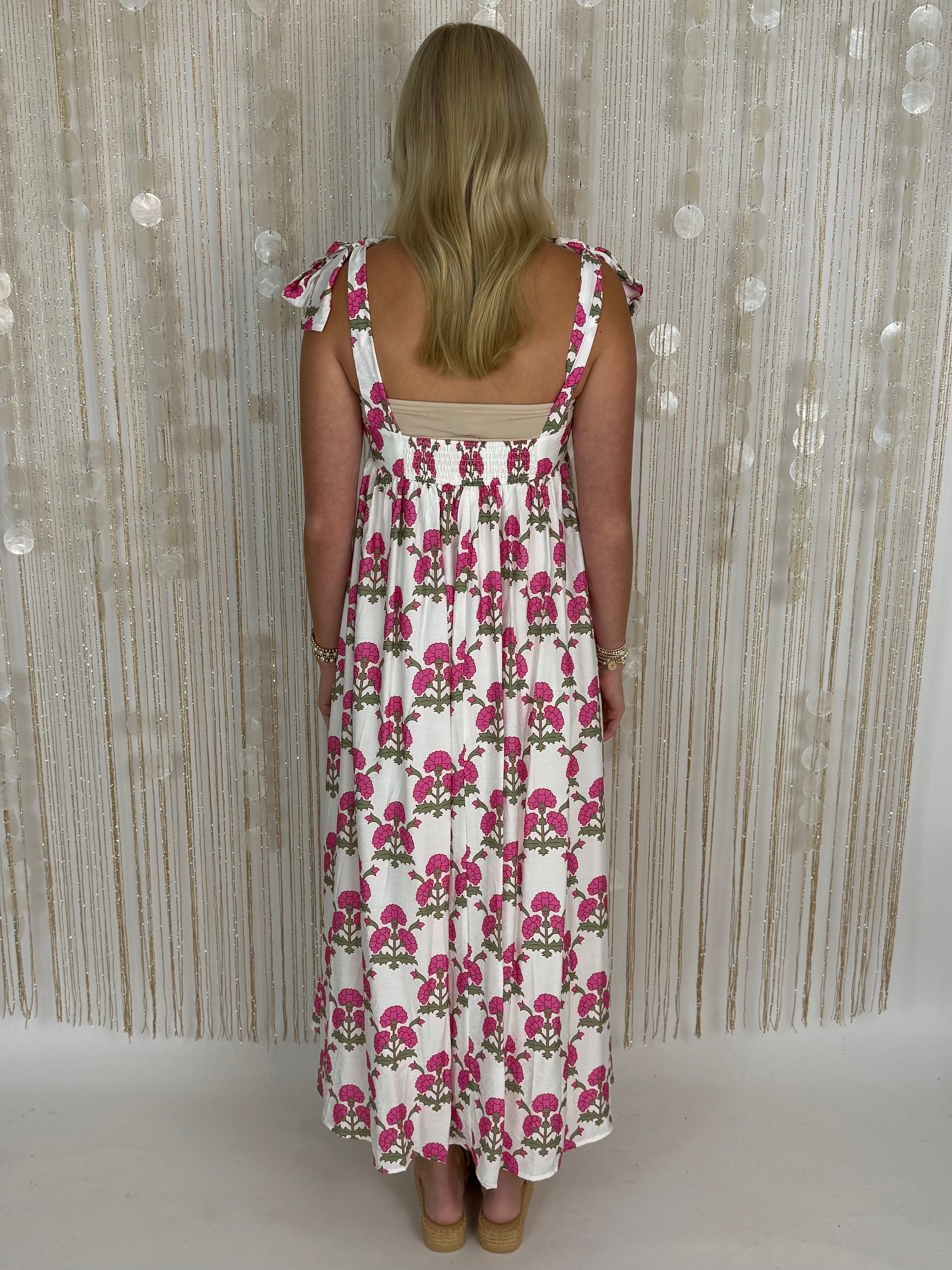 Modern Bloom Cream Floral Smocked Tie Midi Dress-Shop-Womens-Boutique-Clothing
