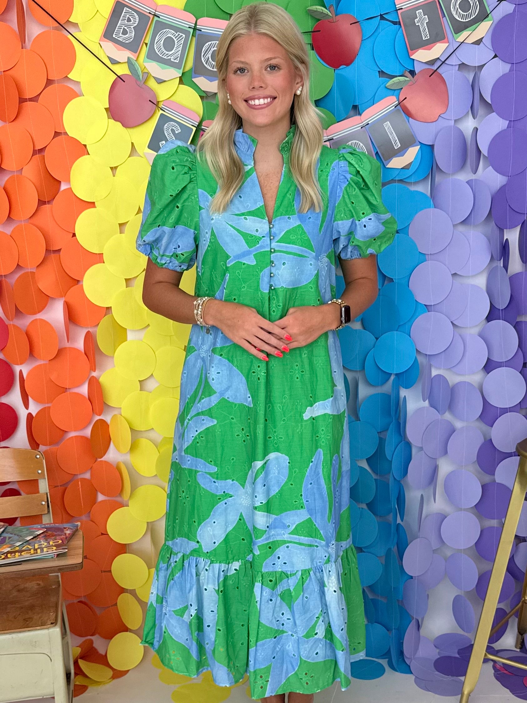 First Class Dreaming Green Botanical Eyelet Midi Dress-Shop-Womens-Boutique-Clothing
