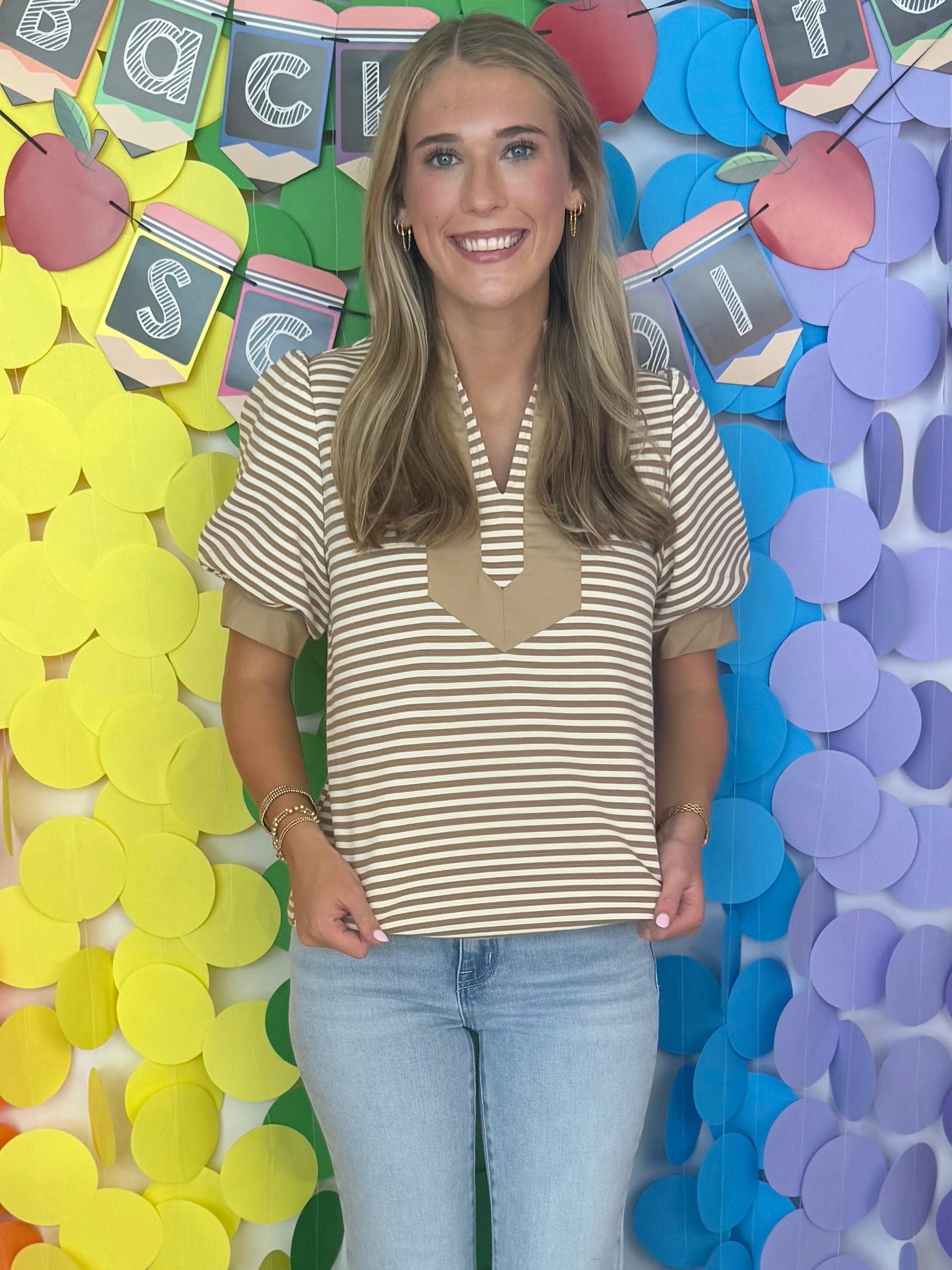 Always In Style Taupe Stripe V Yoke Top-Shop-Womens-Boutique-Clothing