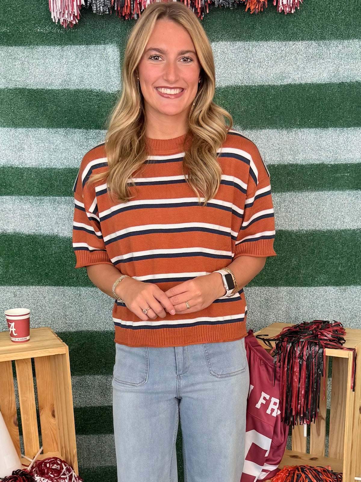 Field Notes Burnt Orange Striped Crew Neck Elbow Sleeve Sweater-Shop-Womens-Boutique-Clothing