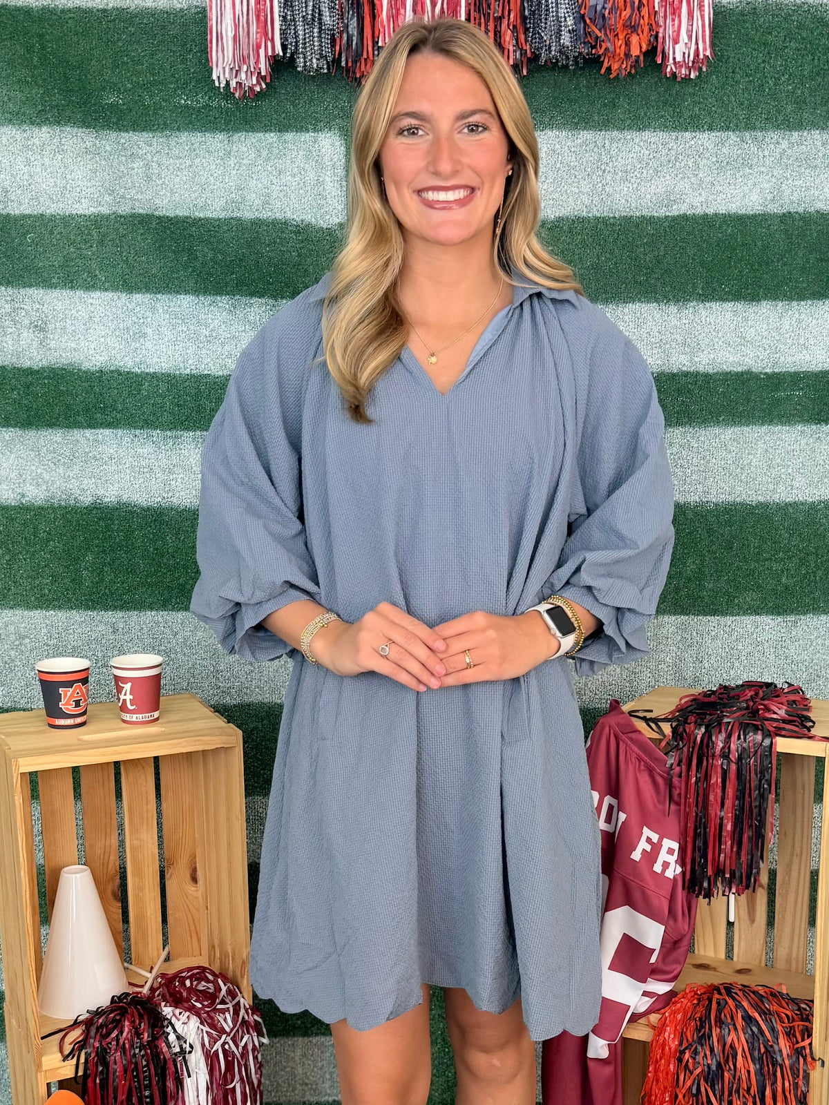 Sunday Social Steel Blue V-Neck Scalloped Dress-Shop-Womens-Boutique-Clothing
