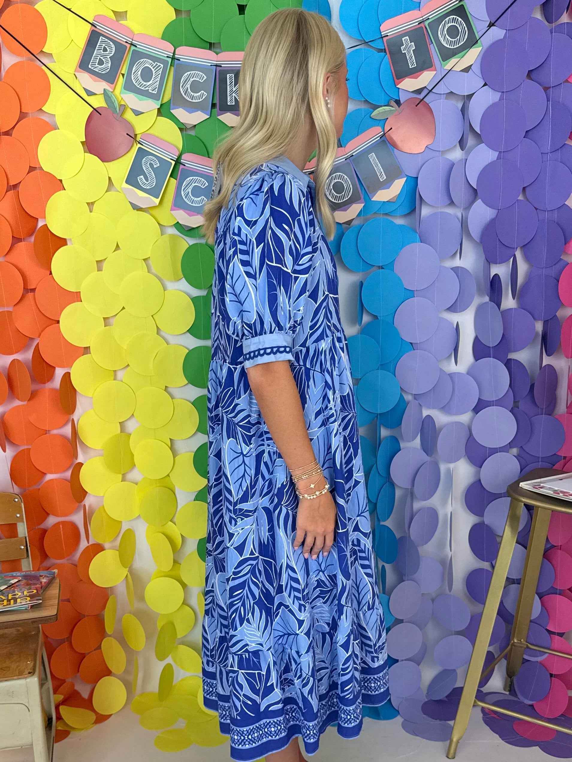 Main Character Blue Leafy Print Midi Dress-Shop-Womens-Boutique-Clothing