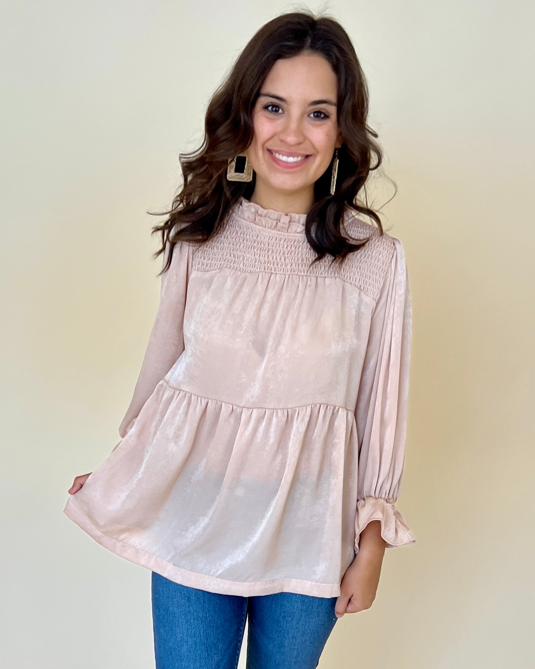 With Me Champagne Satin Smocked Top-Shop-Womens-Boutique-Clothing