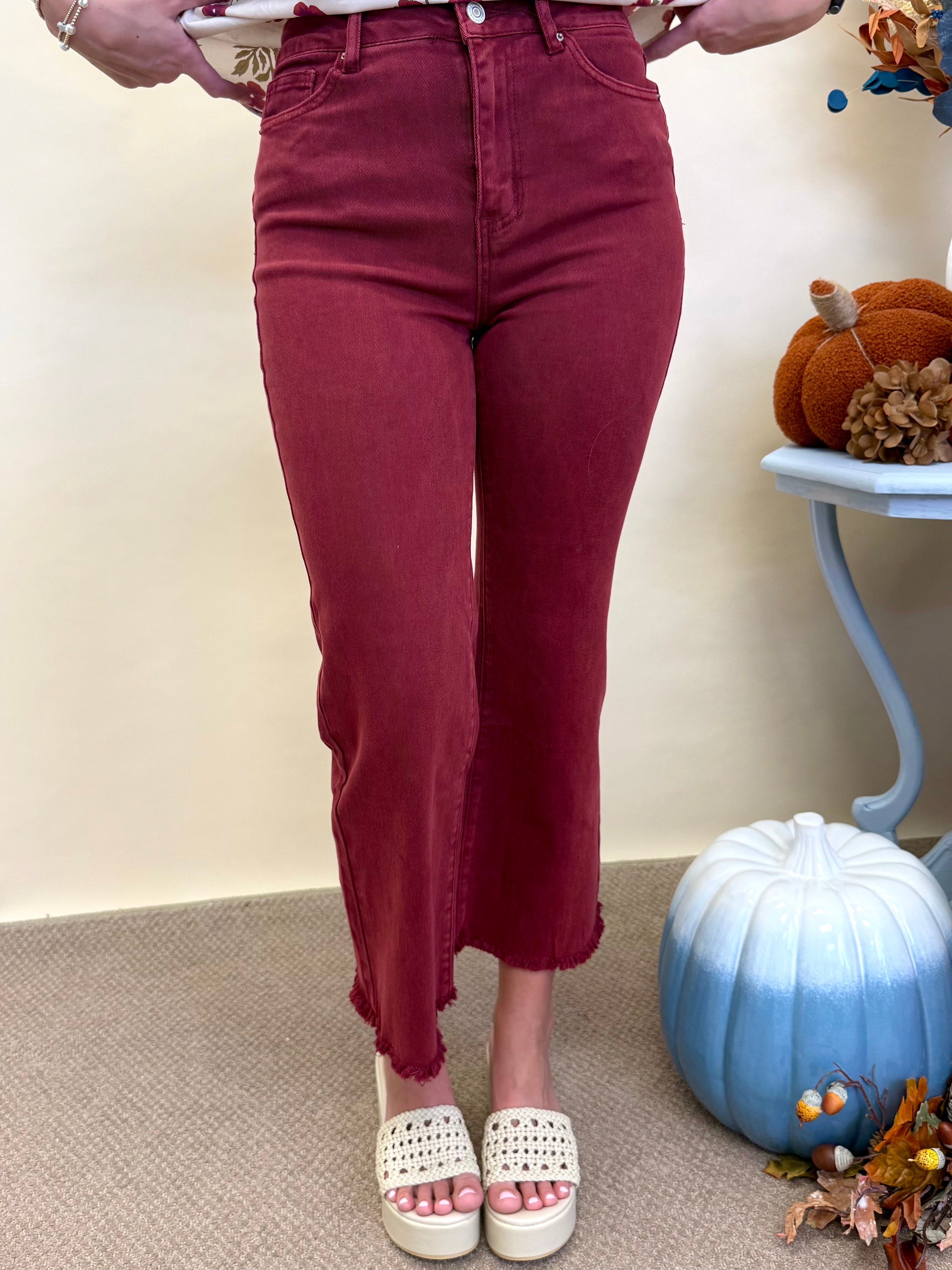 Feeling Close Dk Burgundy Frayed Bootcut Pants-Shop-Womens-Boutique-Clothing