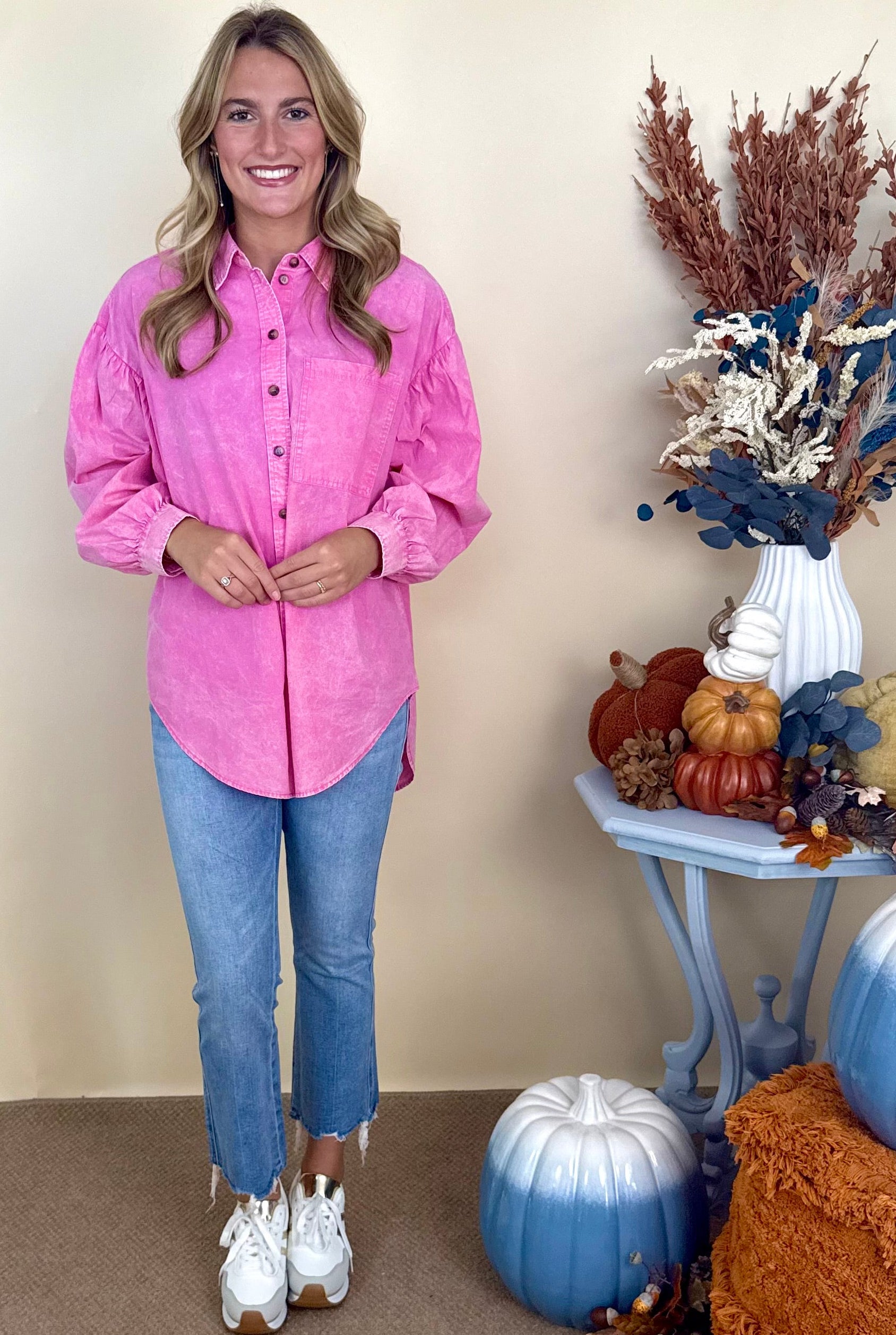 Electric Romance Pink Drop Shoulder Button Down Top-Shop-Womens-Boutique-Clothing