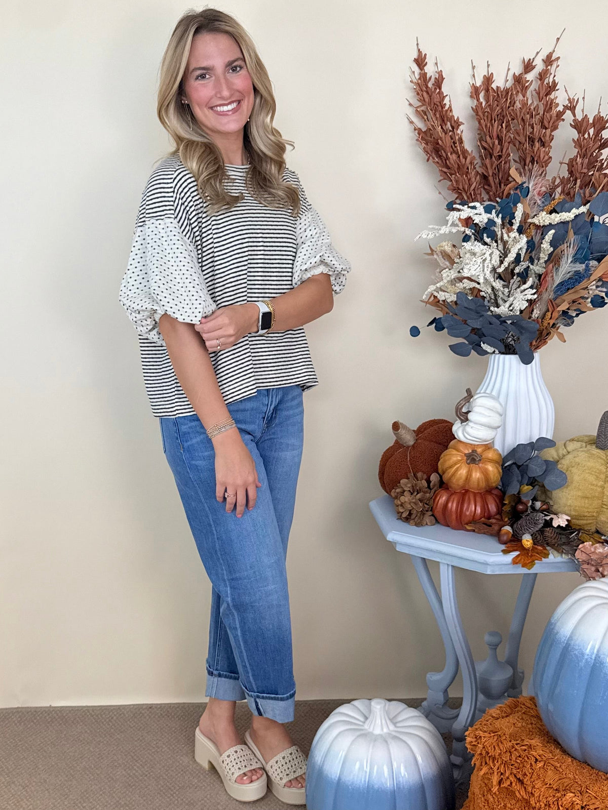 Reach Out Cream/Black Stripe/Polka Dot Bubble Sleeve Top-Shop-Womens-Boutique-Clothing